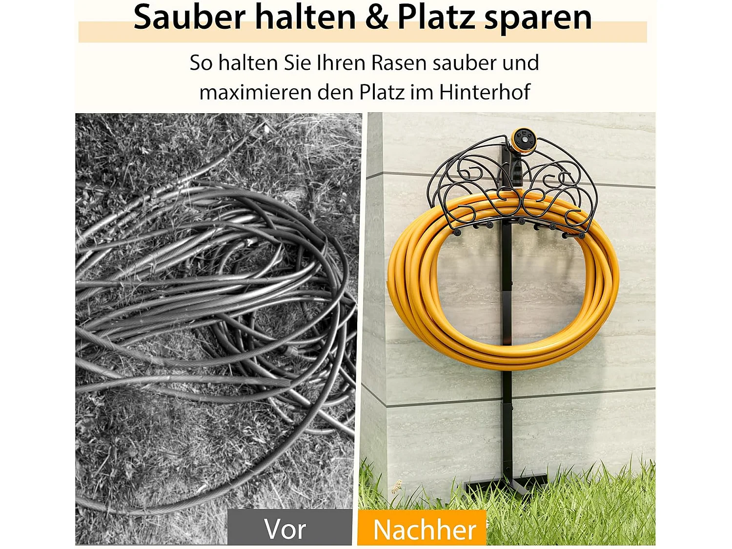 Vrijstaand, tuinslanghouder van metaal, afneembare slangstandaard met 3 ankerpunten voor tuin, waterslanghouder voor 45 m slang, zwart