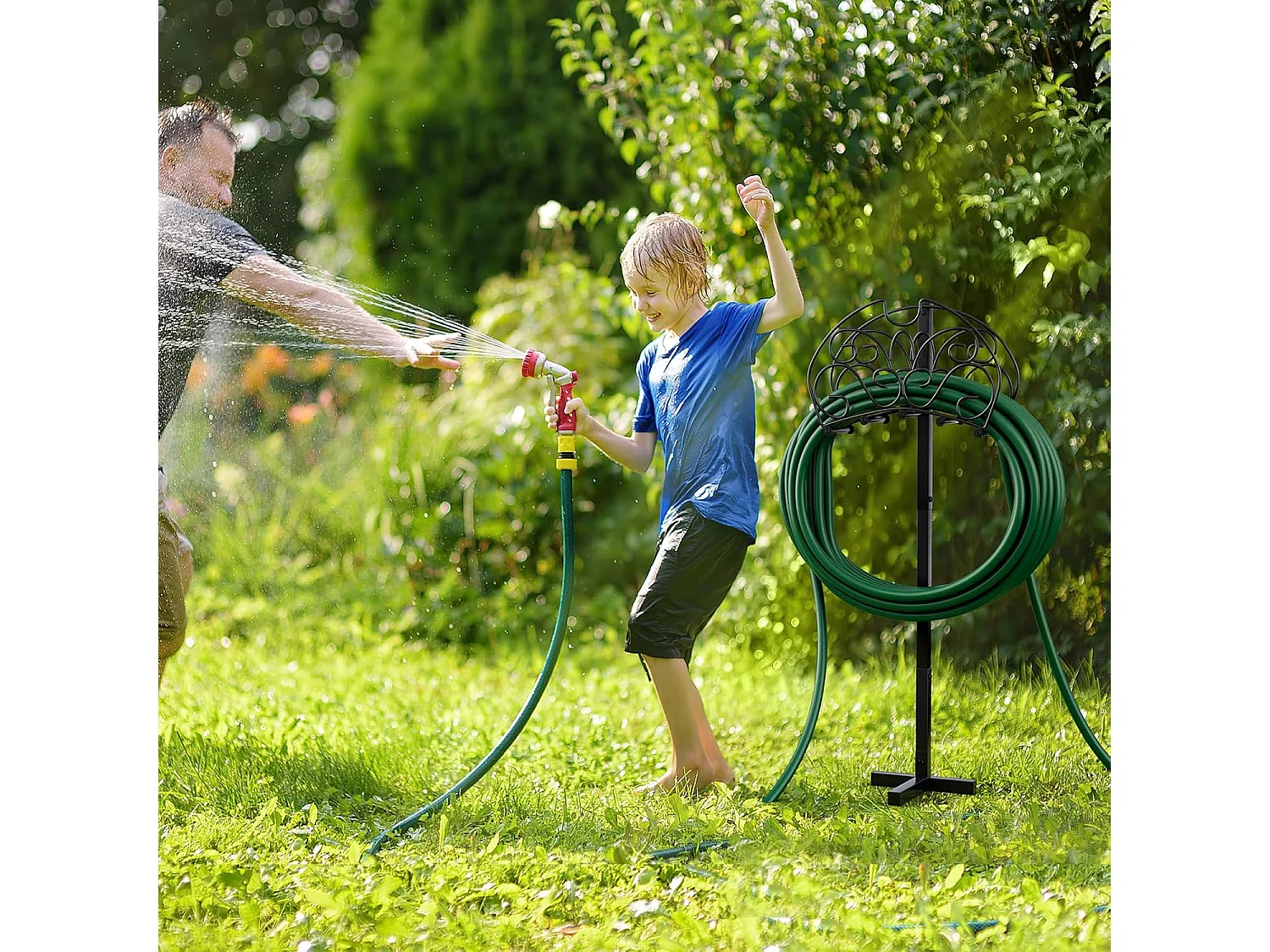 Vrijstaand, tuinslanghouder van metaal, afneembare slangstandaard met 3 ankerpunten voor tuin, waterslanghouder voor 45 m slang, zwart