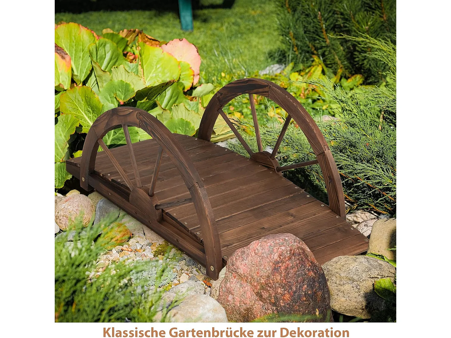 Vijverbrug, tuinbrug, houten brug met dubbele halfronde leuningen, decoratieve brug van dennenhout, sierbrug voor tuin, vijver, 101 x 48,5 x 38 cm ZB32026