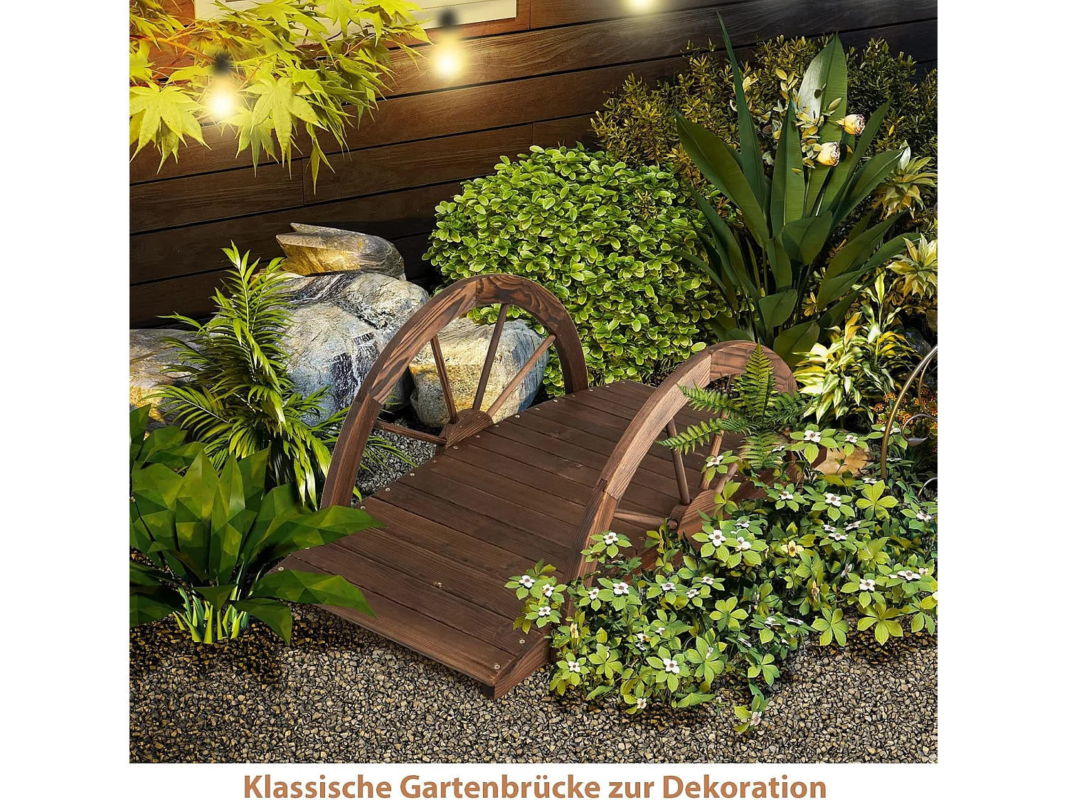 Vijverbrug, tuinbrug, houten brug met dubbele halfronde leuningen, decoratieve brug van dennenhout, sierbrug voor tuin, vijver, 101 x 48,5 x 38 cm ZB32026