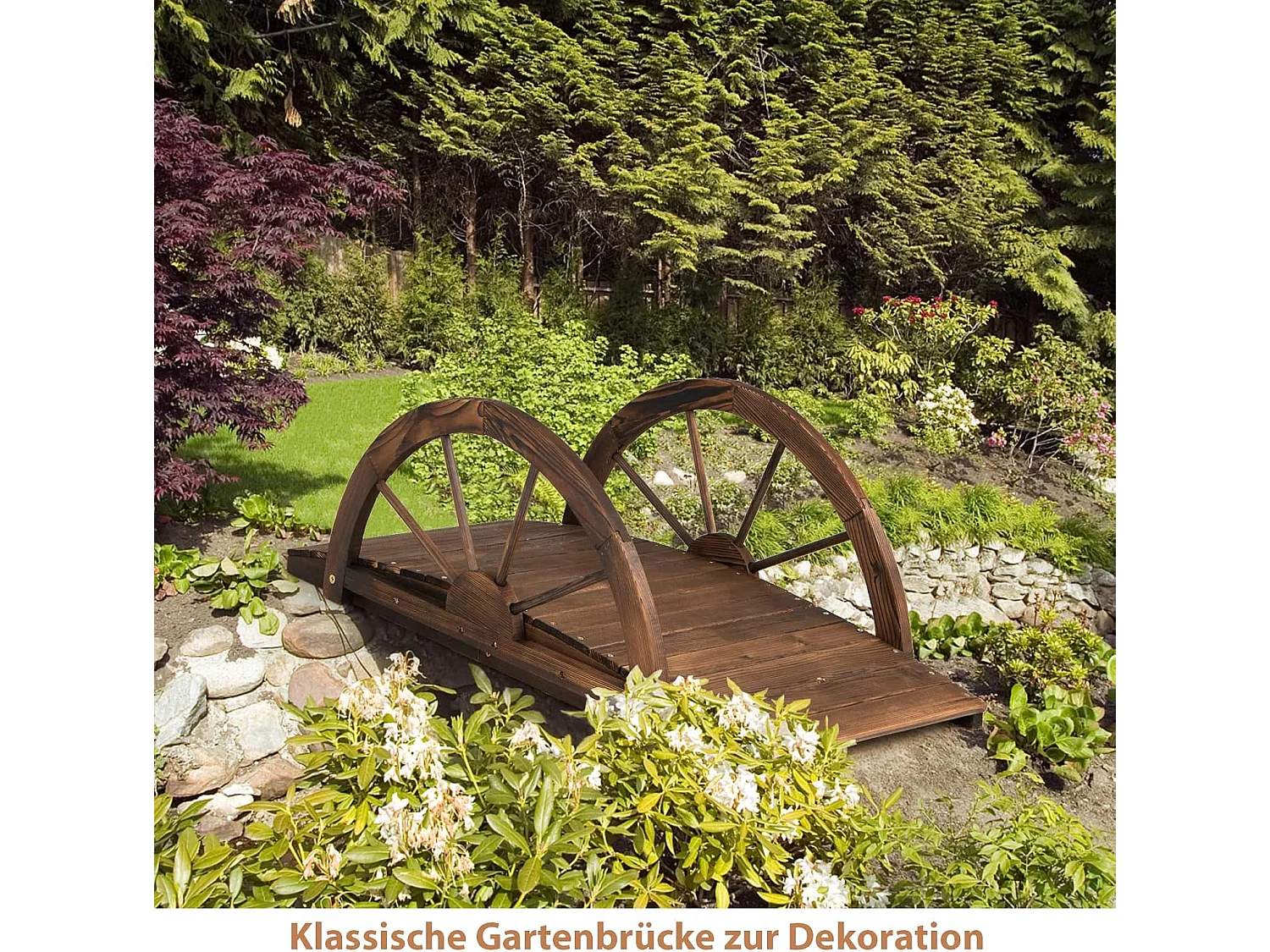 Vijverbrug, tuinbrug, houten brug met dubbele halfronde leuningen, decoratieve brug van dennenhout, sierbrug voor tuin, vijver, 101 x 48,5 x 38 cm ZB32026