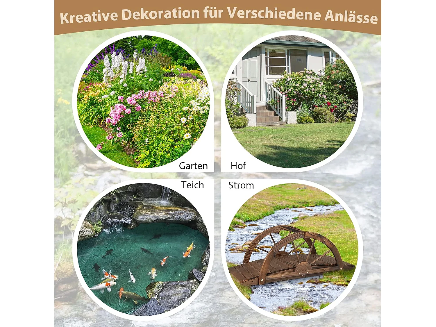 Vijverbrug, tuinbrug, houten brug met dubbele halfronde leuningen, decoratieve brug van dennenhout, sierbrug voor tuin, vijver, 101 x 48,5 x 38 cm ZB32026