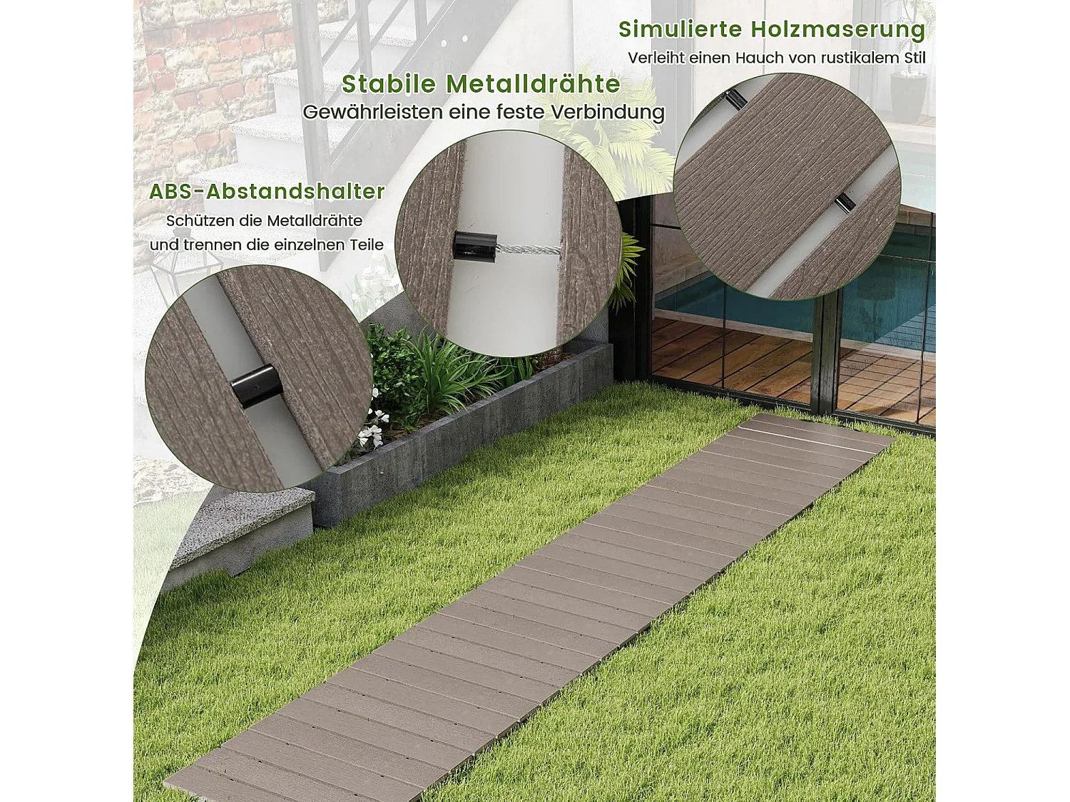 Rollpad van HDPE, 242 cm, breedte 43 cm, weerbestendig, uitrolbaar tuinpad voor bruiloft, feest, tuin, grijs