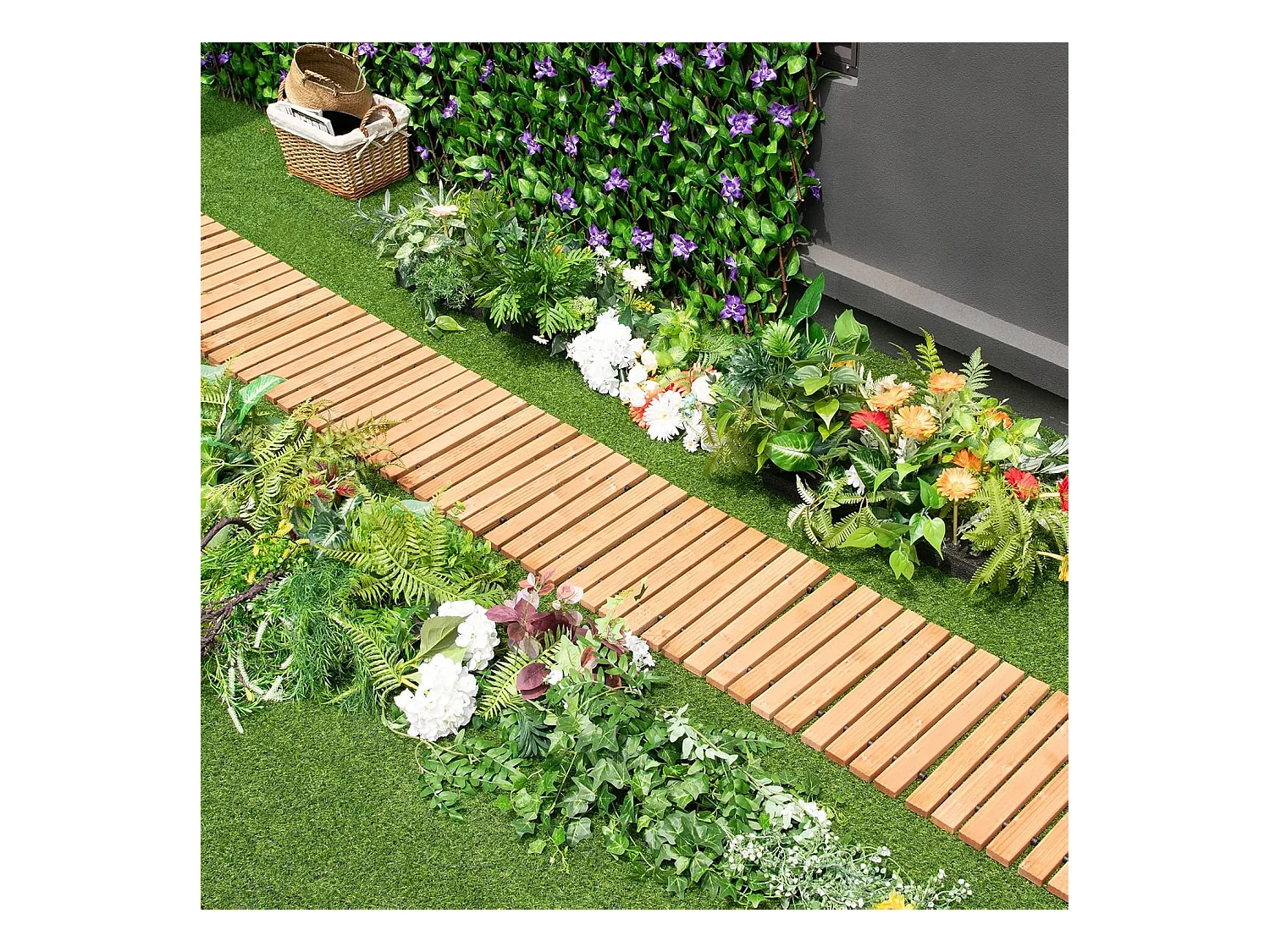 Uitrolbare houten tuinpad | 245 cm | rolweg met staaldraad, tuinpad voor tuin, achtertuin (breedte 43 cm) ZB32813