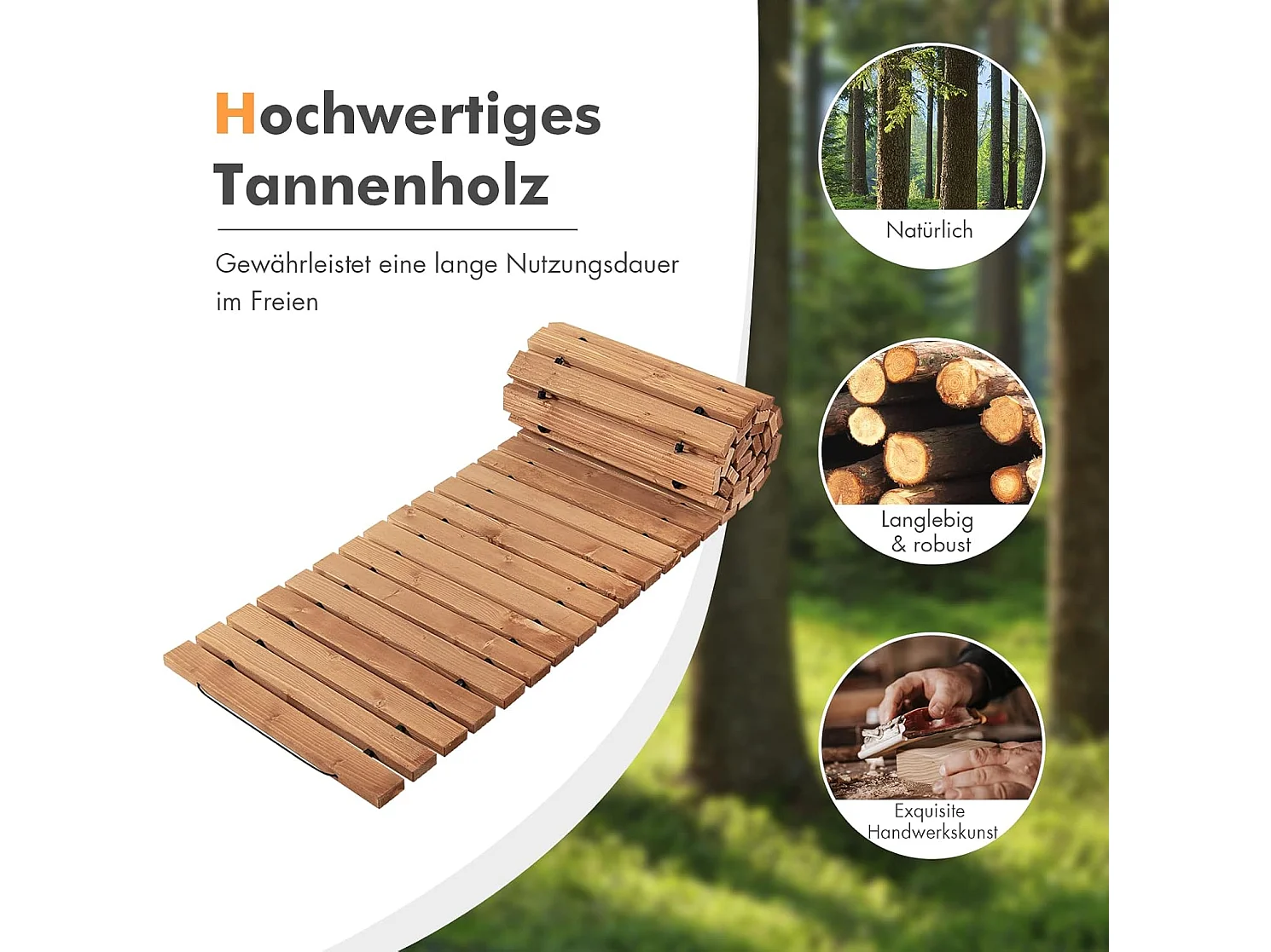 Uitrolbare houten tuinpad | 245 cm | rolweg met staaldraad, tuinpad voor tuin, achtertuin (breedte 43 cm) ZB32813