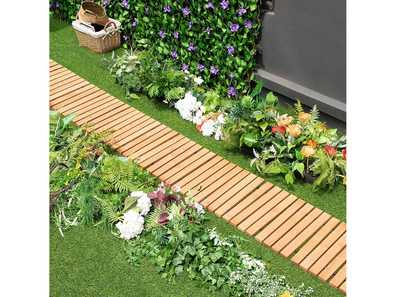 Uitrolbare houten tuinpad | 245 cm | rolweg met staaldraad, tuinpad voor tuin, achtertuin (breedte 43 cm) ZB32813