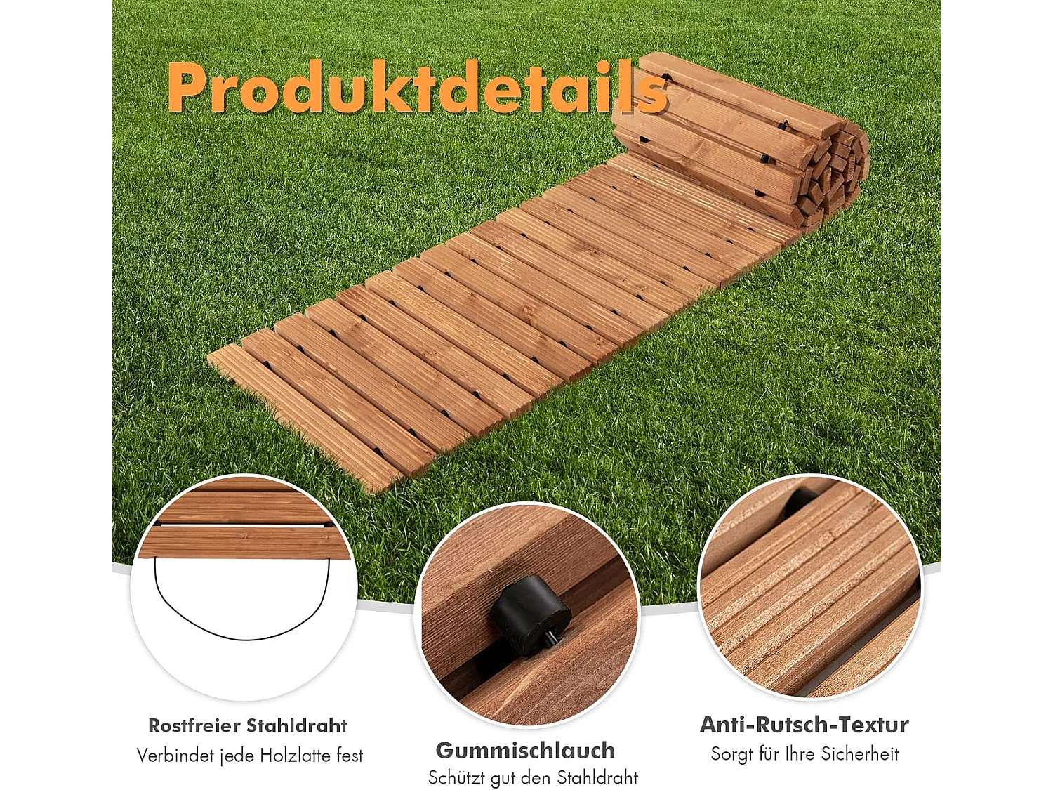 Uitrolbare houten tuinpad | 245 cm | rolweg met staaldraad, tuinpad voor tuin, achtertuin (breedte 43 cm) ZB32813