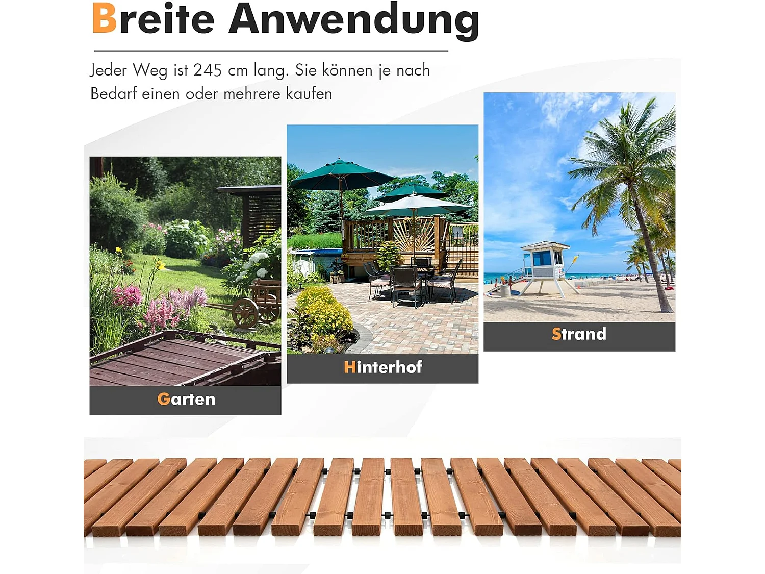 Uitrolbare houten tuinpad | 245 cm | rolweg met staaldraad, tuinpad voor tuin, achtertuin (breedte 43 cm) ZB32813