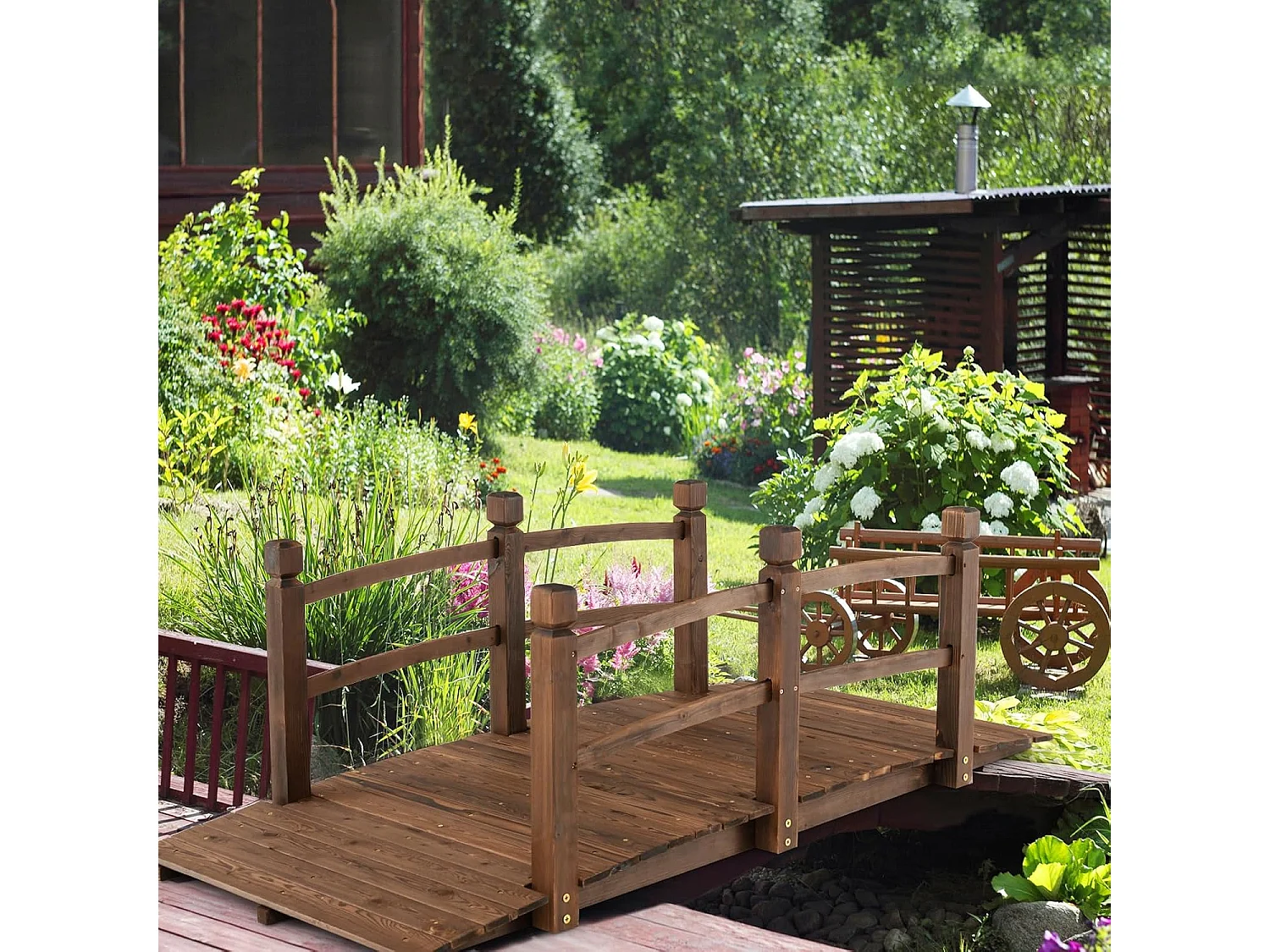 Vijverbrug, tuinbrug, 171,5 x 75,5 x 58 cm, houten brug met leuning, decoratieve brug, houten brug van dennenhout, sierbrug voor tuin, vijver ZB32025