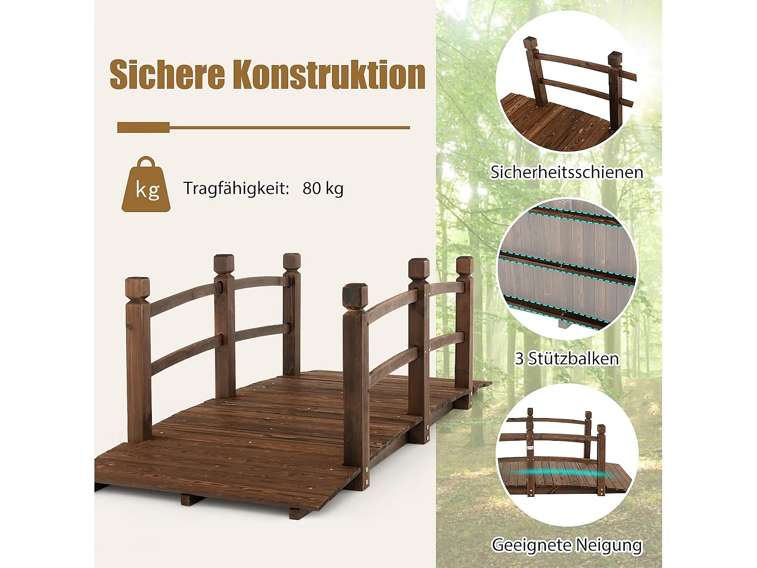 Vijverbrug, tuinbrug, 171,5 x 75,5 x 58 cm, houten brug met leuning, decoratieve brug, houten brug van dennenhout, sierbrug voor tuin, vijver ZB32025