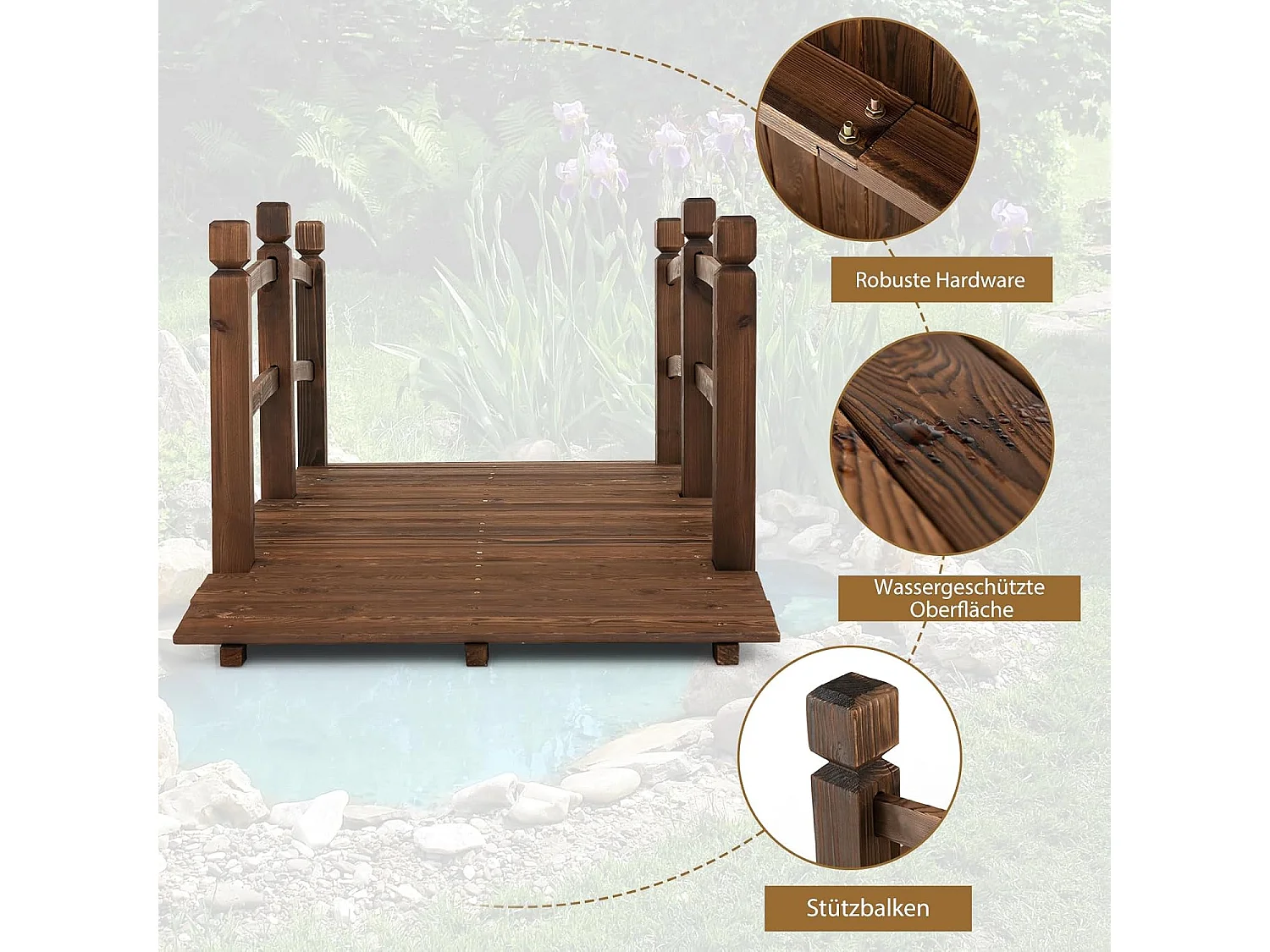 Vijverbrug, tuinbrug, 171,5 x 75,5 x 58 cm, houten brug met leuning, decoratieve brug, houten brug van dennenhout, sierbrug voor tuin, vijver ZB32025