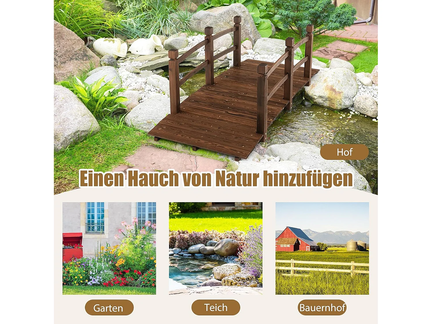Vijverbrug, tuinbrug, 171,5 x 75,5 x 58 cm, houten brug met leuning, decoratieve brug, houten brug van dennenhout, sierbrug voor tuin, vijver ZB32025