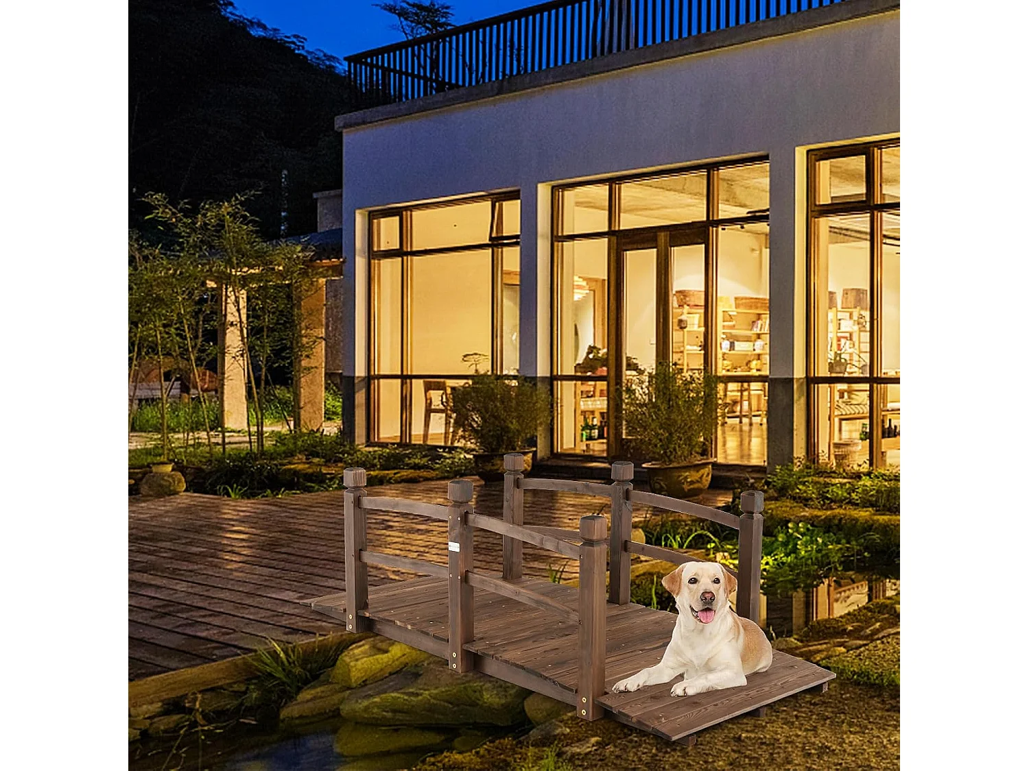 Vijverbrug, tuinbrug, 171,5 x 75,5 x 58 cm, houten brug met leuning, decoratieve brug, houten brug van dennenhout, sierbrug voor tuin, vijver ZB32025