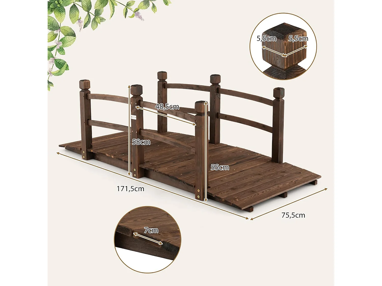 Vijverbrug, tuinbrug, 171,5 x 75,5 x 58 cm, houten brug met leuning, decoratieve brug, houten brug van dennenhout, sierbrug voor tuin, vijver ZB32025