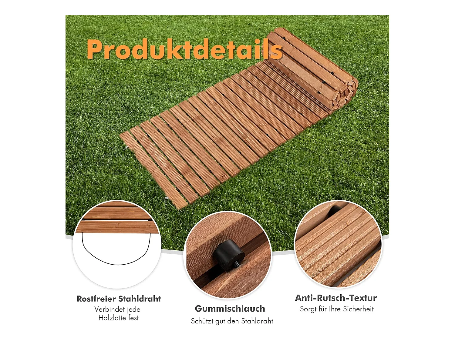 Uitrolbare houten tuinpad | 245 cm | rolweg met staaldraad, tuinpad voor tuin, achtertuin (breedte 55 cm) ZB32814