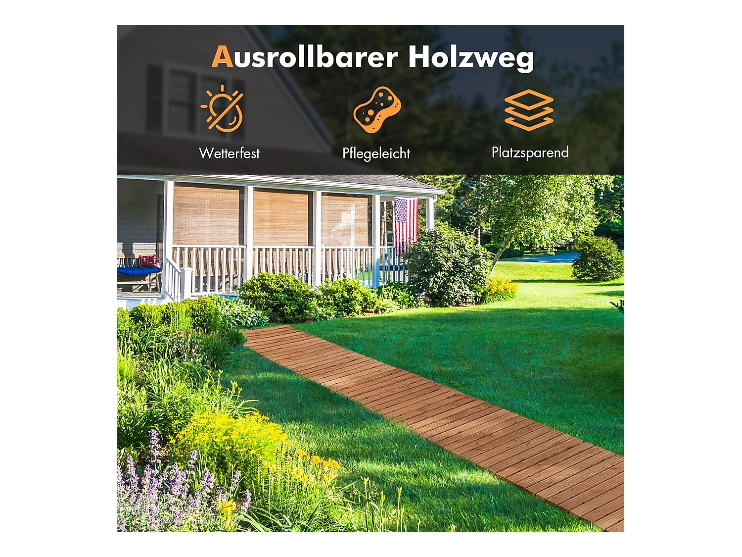 Uitrolbare houten tuinpad | 245 cm | rolweg met staaldraad, tuinpad voor tuin, achtertuin (breedte 55 cm) ZB32814