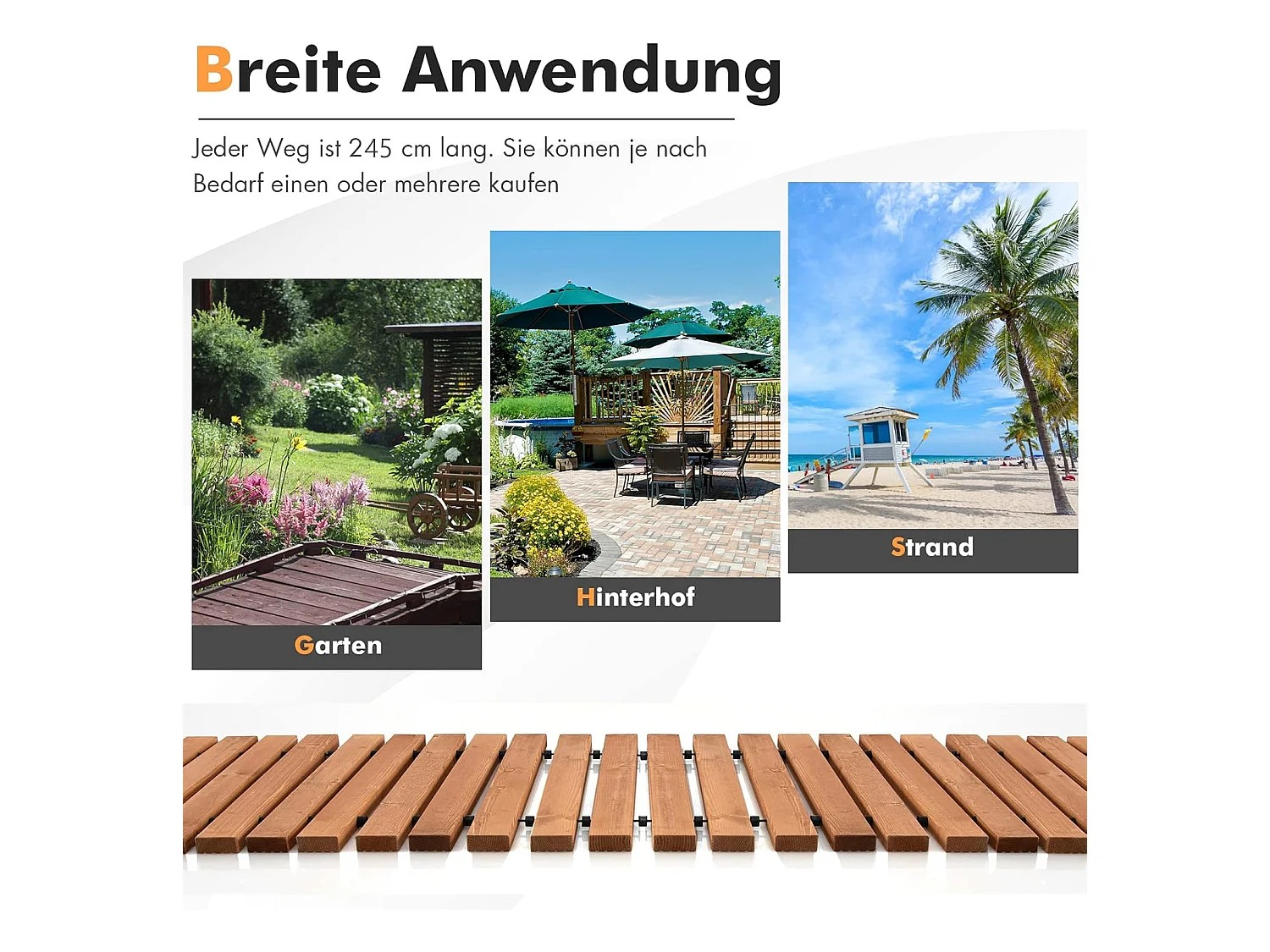 Uitrolbare houten tuinpad | 245 cm | rolweg met staaldraad, tuinpad voor tuin, achtertuin (breedte 55 cm) ZB32814