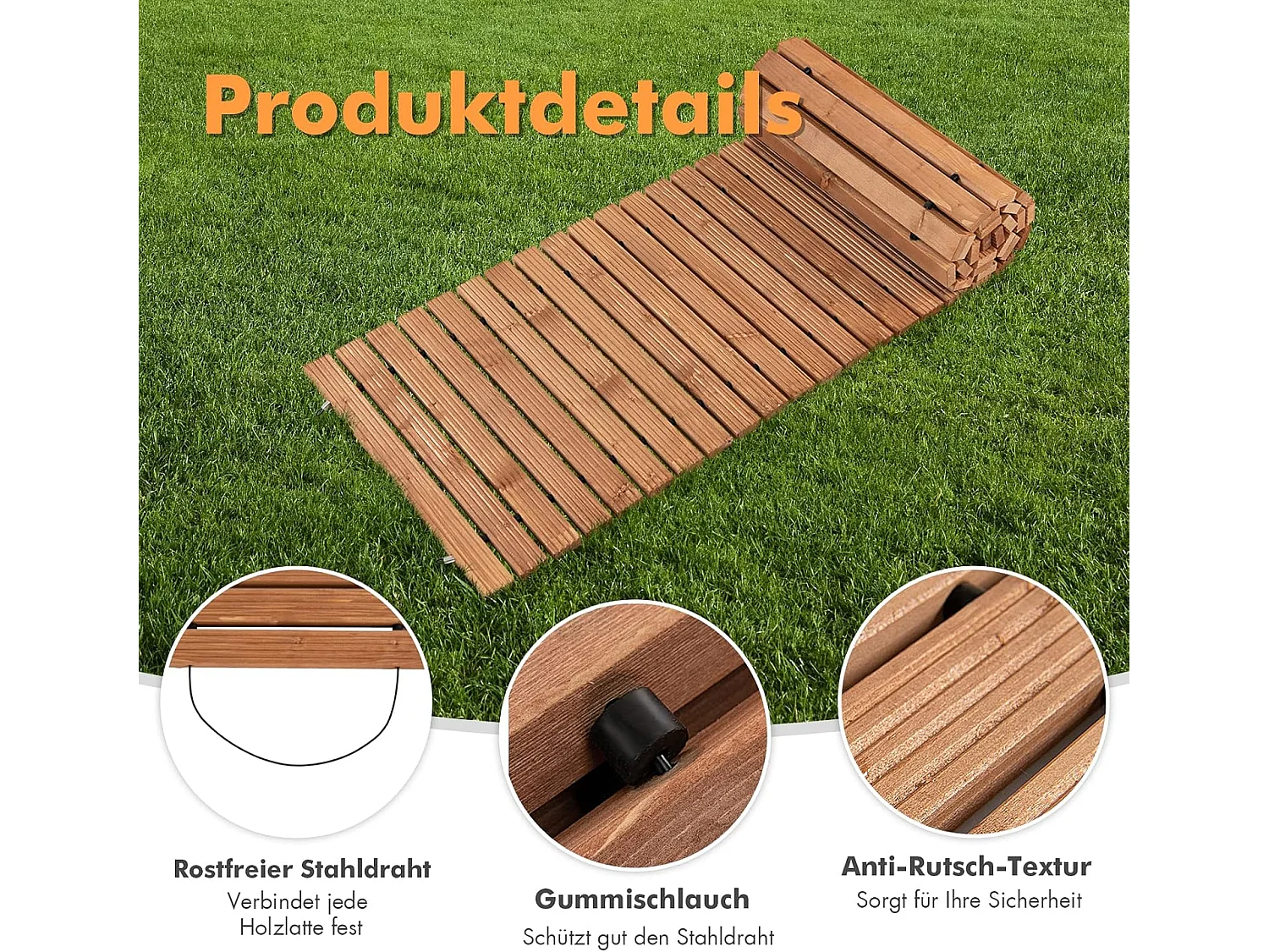 Uitrolbare houten tuinpad | 245 cm | rolweg met staaldraad, tuinpad voor tuin, achtertuin (breedte 55 cm) ZB32814