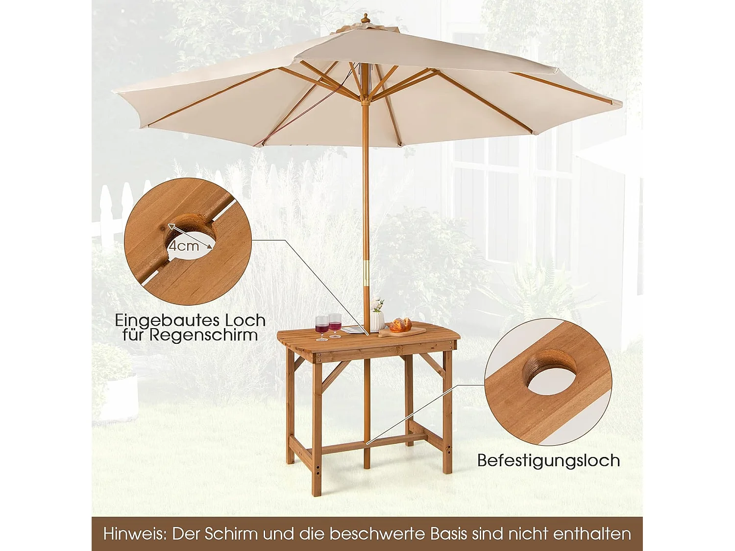 Tuintafel van massief hout, eettafel met luifelgat, terrastafel, houten tafel voor achtertuin, tuin, 100 x 60 x 75 cm ZB32145