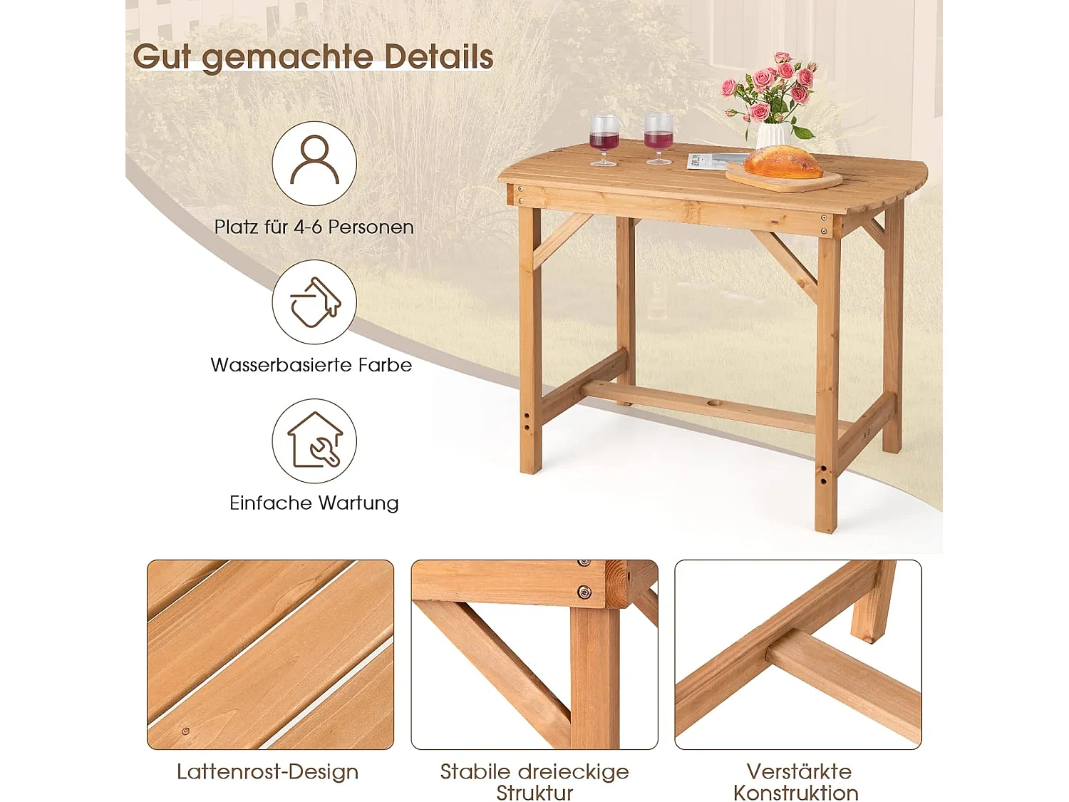 Tuintafel van massief hout, eettafel met luifelgat, terrastafel, houten tafel voor achtertuin, tuin, 100 x 60 x 75 cm ZB32145