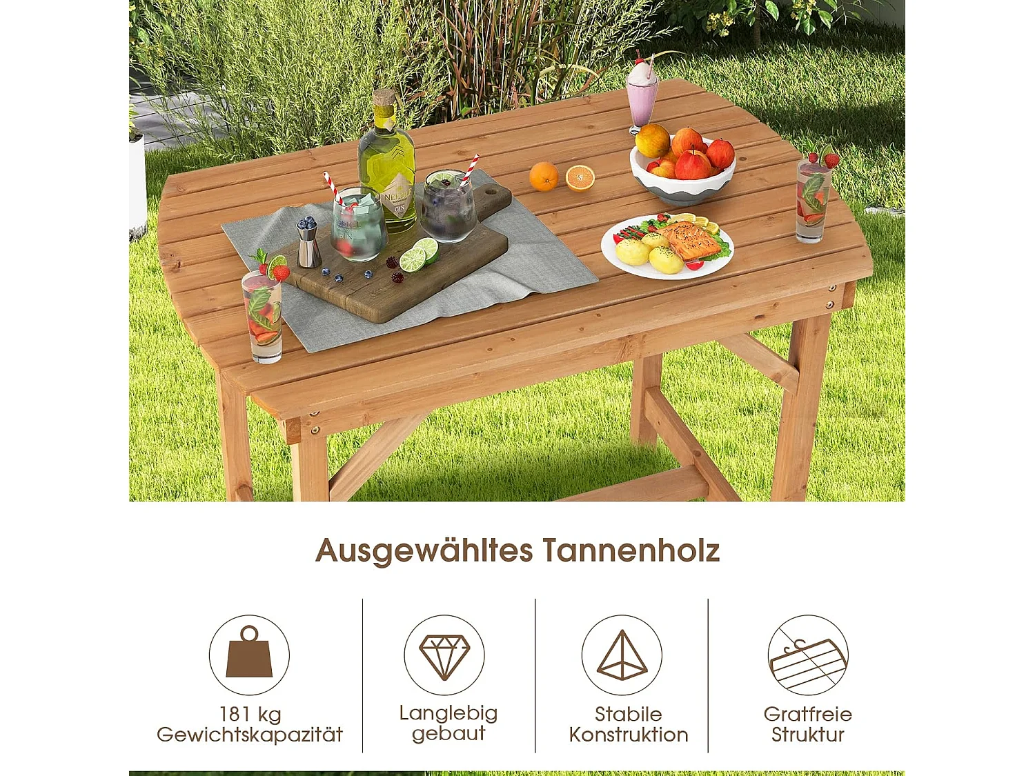 Tuintafel van massief hout, eettafel met luifelgat, terrastafel, houten tafel voor achtertuin, tuin, 100 x 60 x 75 cm ZB32145