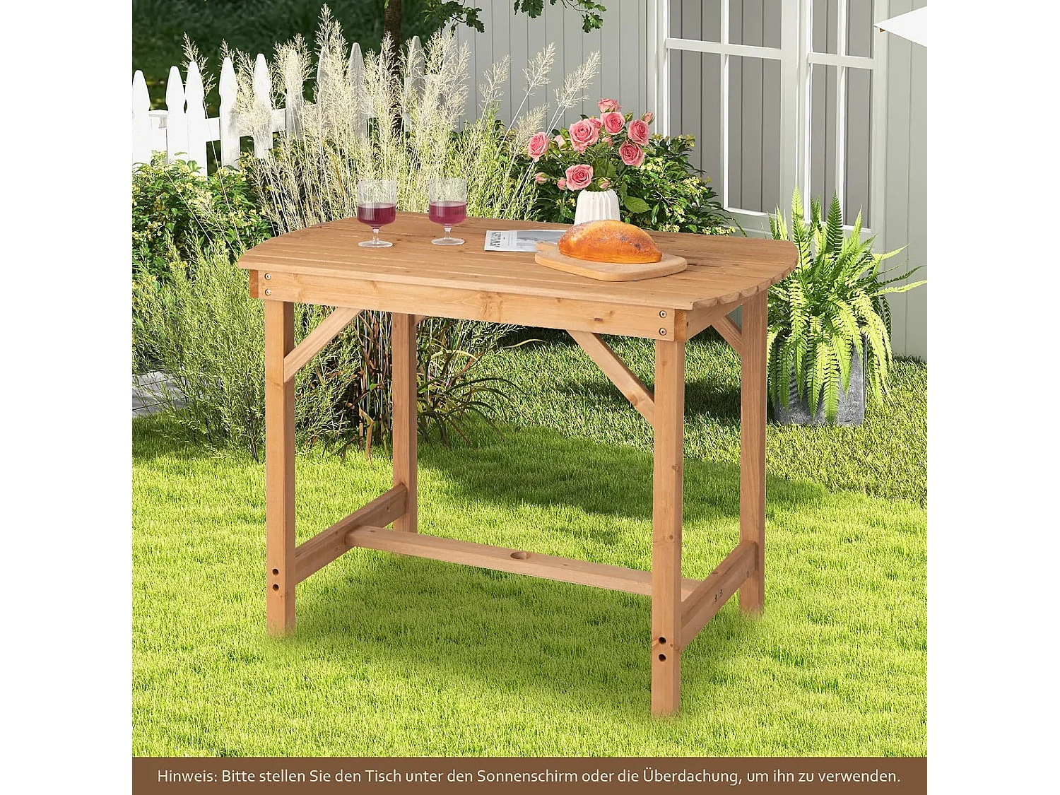 Tuintafel van massief hout, eettafel met luifelgat, terrastafel, houten tafel voor achtertuin, tuin, 100 x 60 x 75 cm ZB32145
