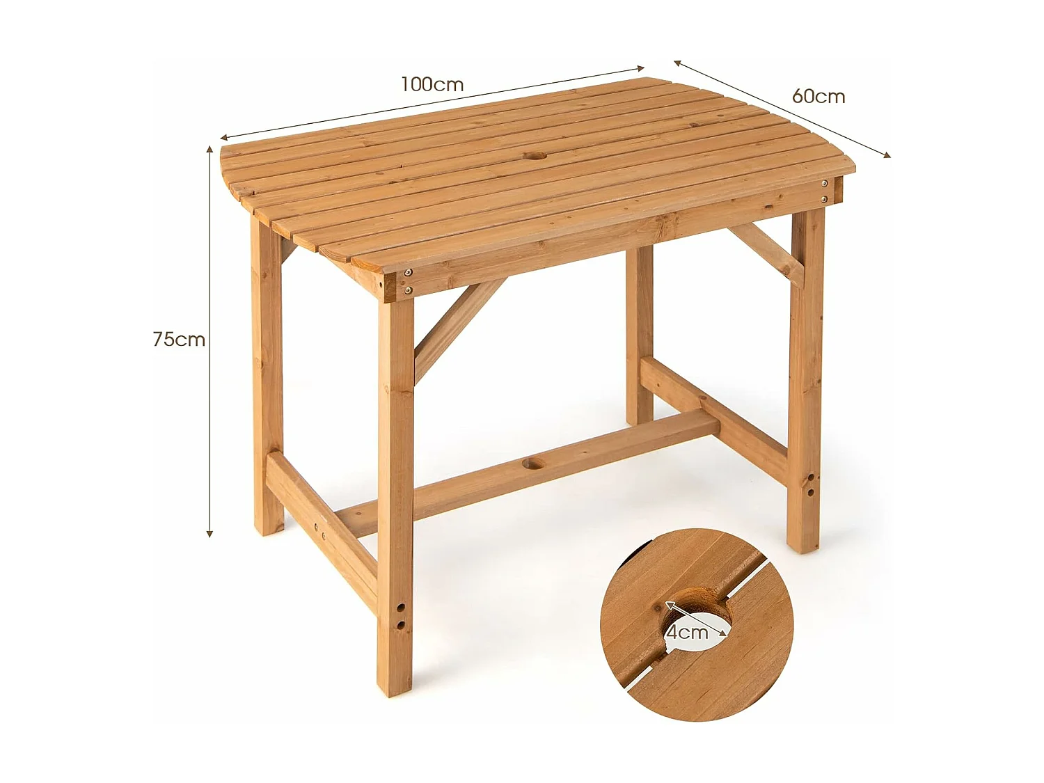 Tuintafel van massief hout, eettafel met luifelgat, terrastafel, houten tafel voor achtertuin, tuin, 100 x 60 x 75 cm ZB32145