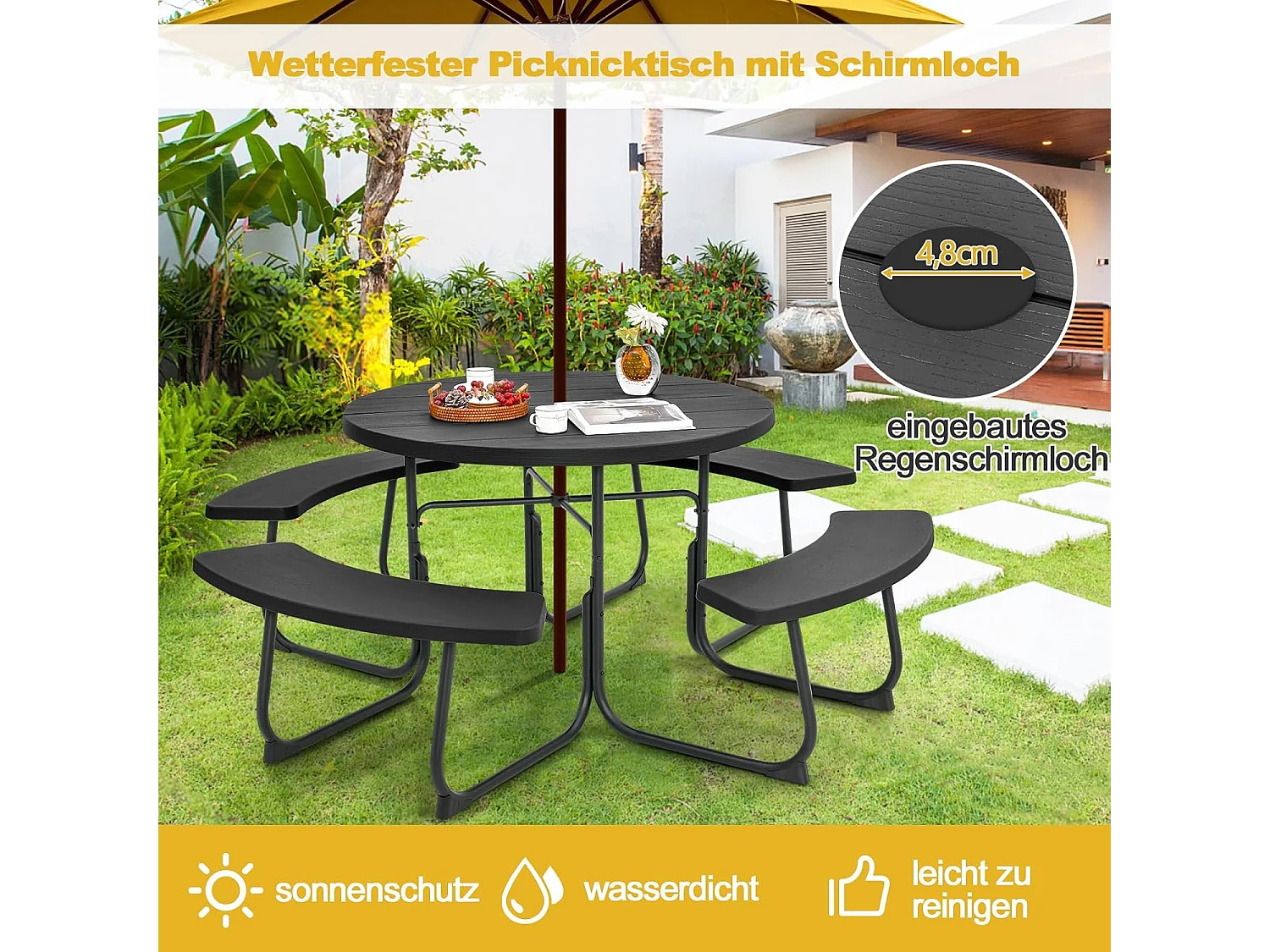 Zitgarnituur voor 8 personen, picknicktafel met parasolgat en 4 banken, ronde tuintafel, tuingarnituur, tuinmeubelen, zitgroep voor tuin, terras (zwart) ZB33486