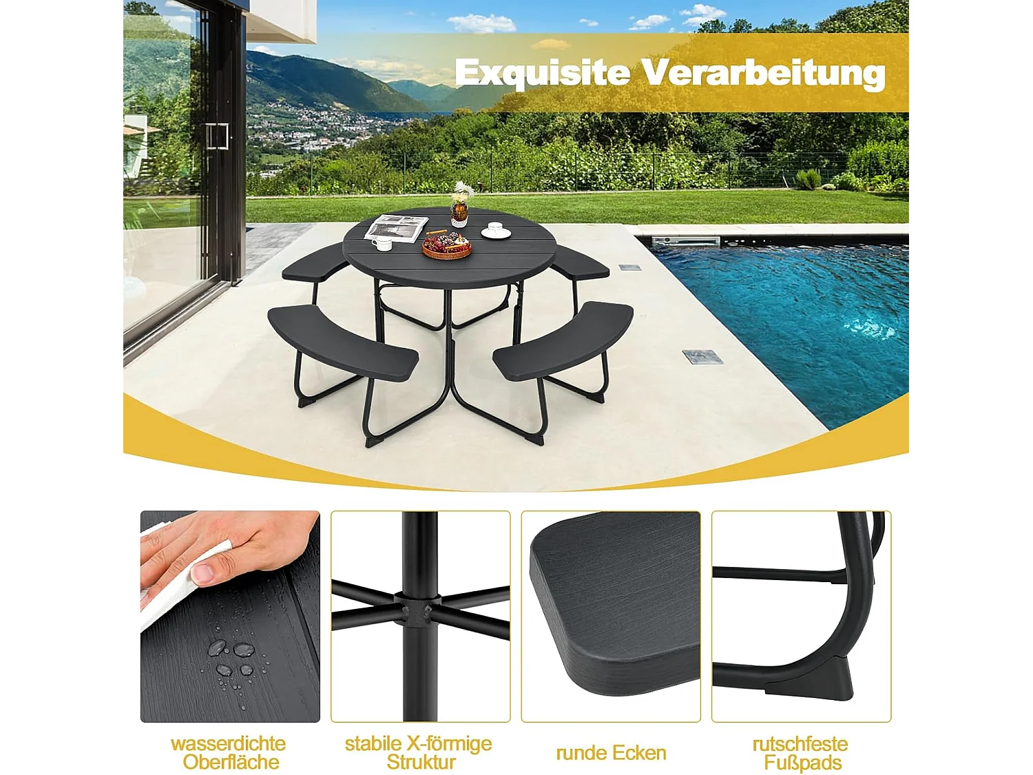 Zitgarnituur voor 8 personen, picknicktafel met parasolgat en 4 banken, ronde tuintafel, tuingarnituur, tuinmeubelen, zitgroep voor tuin, terras (zwart) ZB33486
