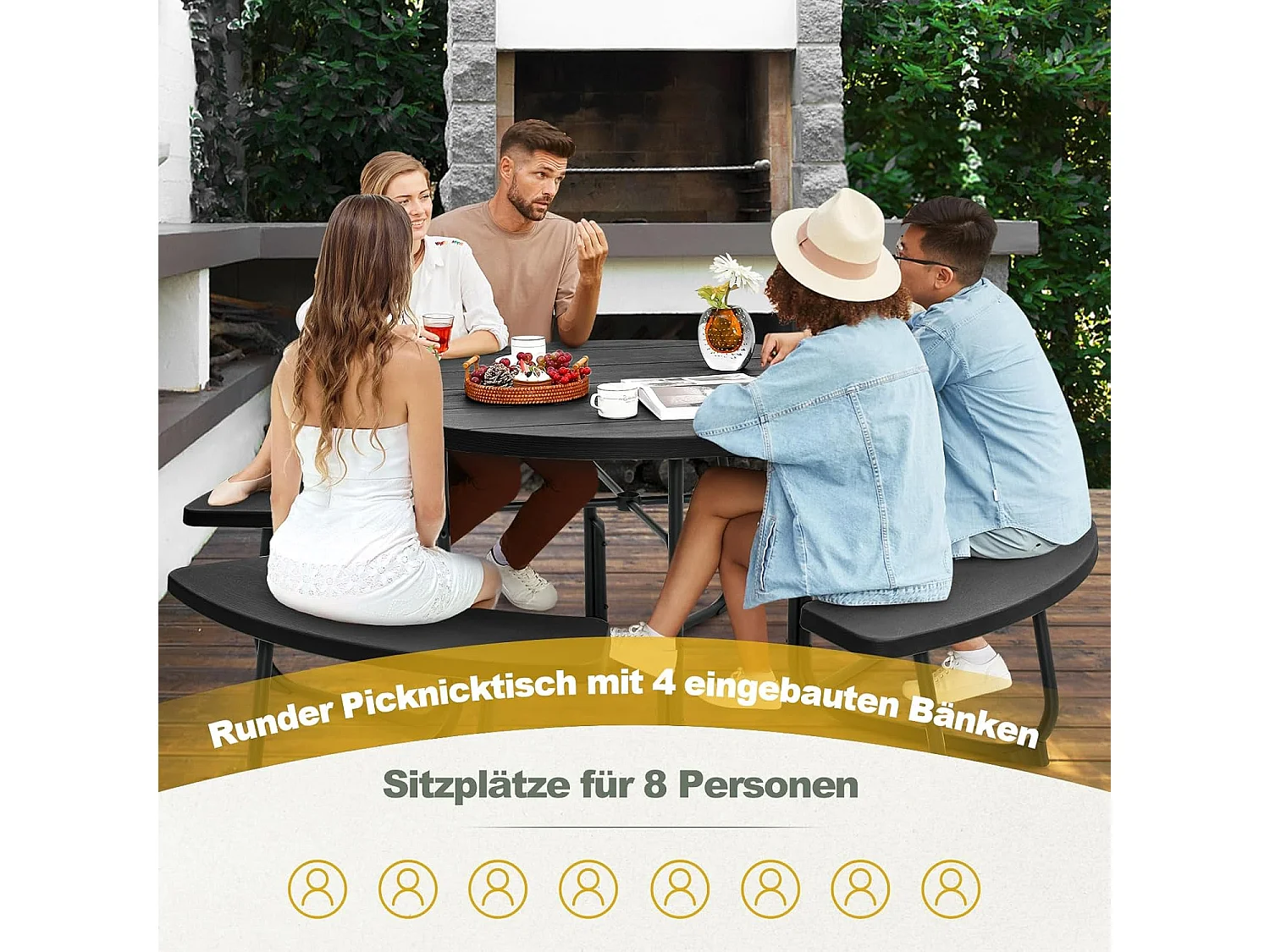 Zitgarnituur voor 8 personen, picknicktafel met parasolgat en 4 banken, ronde tuintafel, tuingarnituur, tuinmeubelen, zitgroep voor tuin, terras (zwart) ZB33486