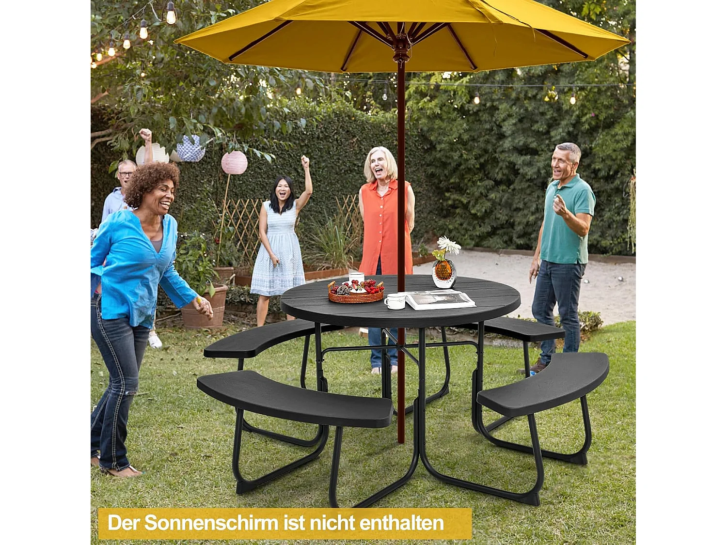 Zitgarnituur voor 8 personen, picknicktafel met parasolgat en 4 banken, ronde tuintafel, tuingarnituur, tuinmeubelen, zitgroep voor tuin, terras (zwart) ZB33486
