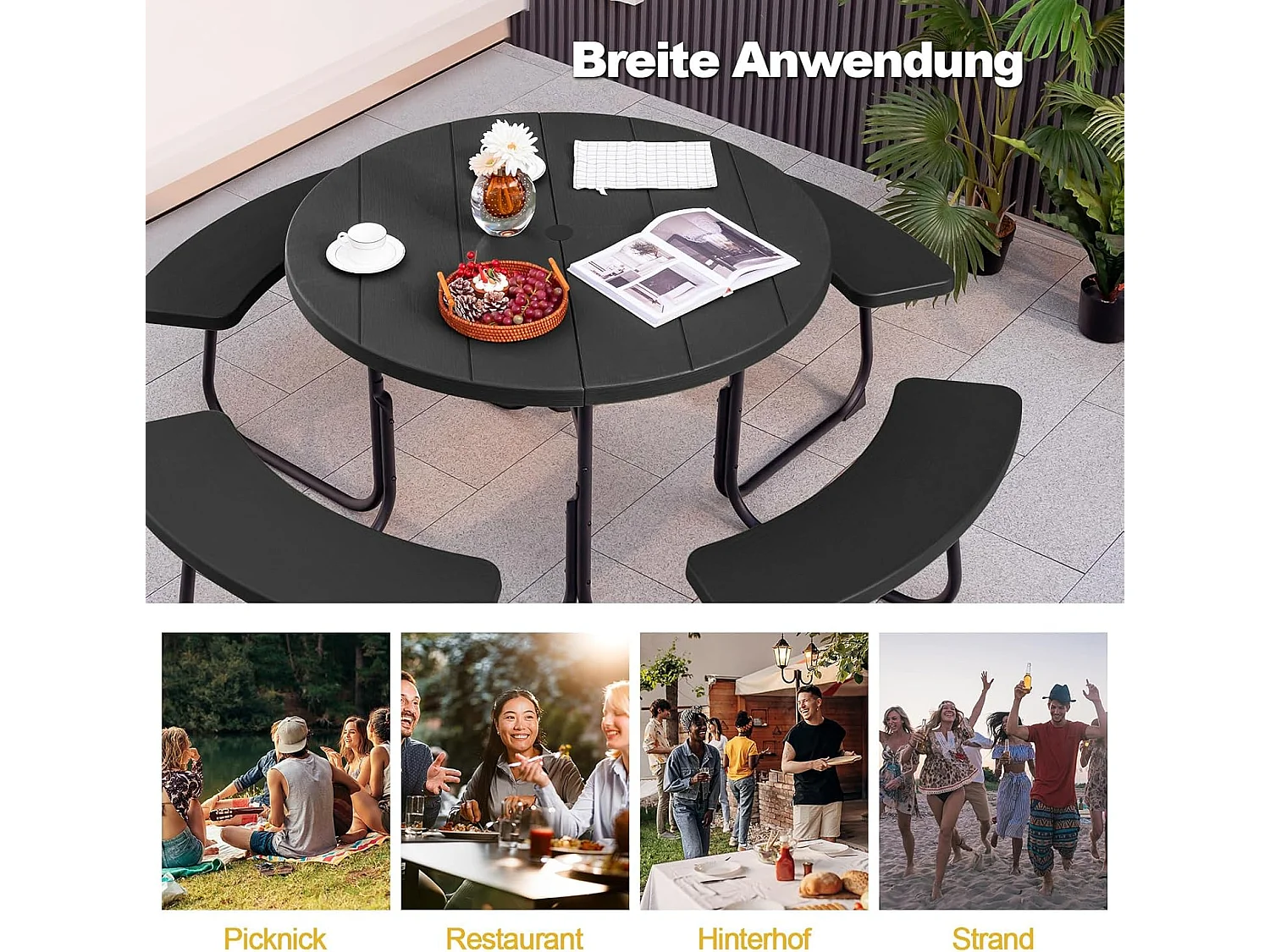 Zitgarnituur voor 8 personen, picknicktafel met parasolgat en 4 banken, ronde tuintafel, tuingarnituur, tuinmeubelen, zitgroep voor tuin, terras (zwart) ZB33486