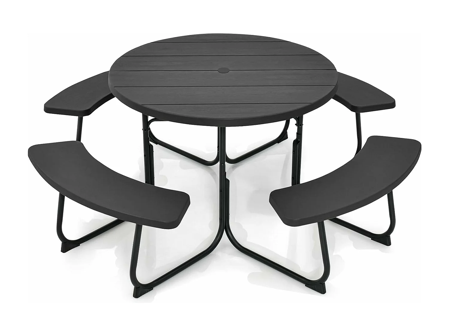Zitgarnituur voor 8 personen, picknicktafel met parasolgat en 4 banken, ronde tuintafel, tuingarnituur, tuinmeubelen, zitgroep voor tuin, terras (zwart) ZB33486