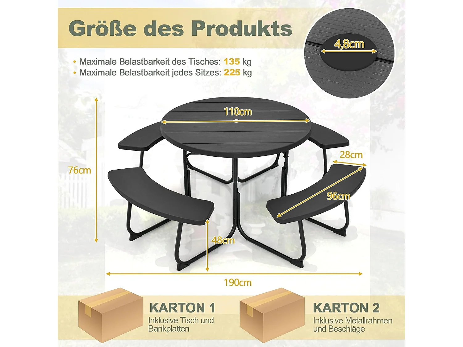 Zitgarnituur voor 8 personen, picknicktafel met parasolgat en 4 banken, ronde tuintafel, tuingarnituur, tuinmeubelen, zitgroep voor tuin, terras (zwart) ZB33486