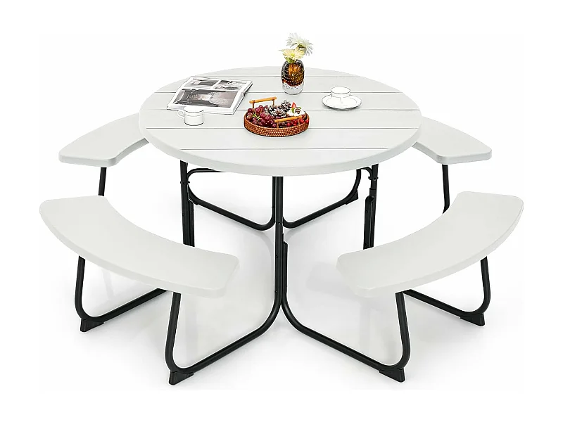 Zitgarnituur voor 8 personen, picknicktafel met parasolgat en 4 banken, ronde tuintafel, tuingarnituur, tuinmeubelen, zitgroep voor tuin, terras (wit) ZB33486