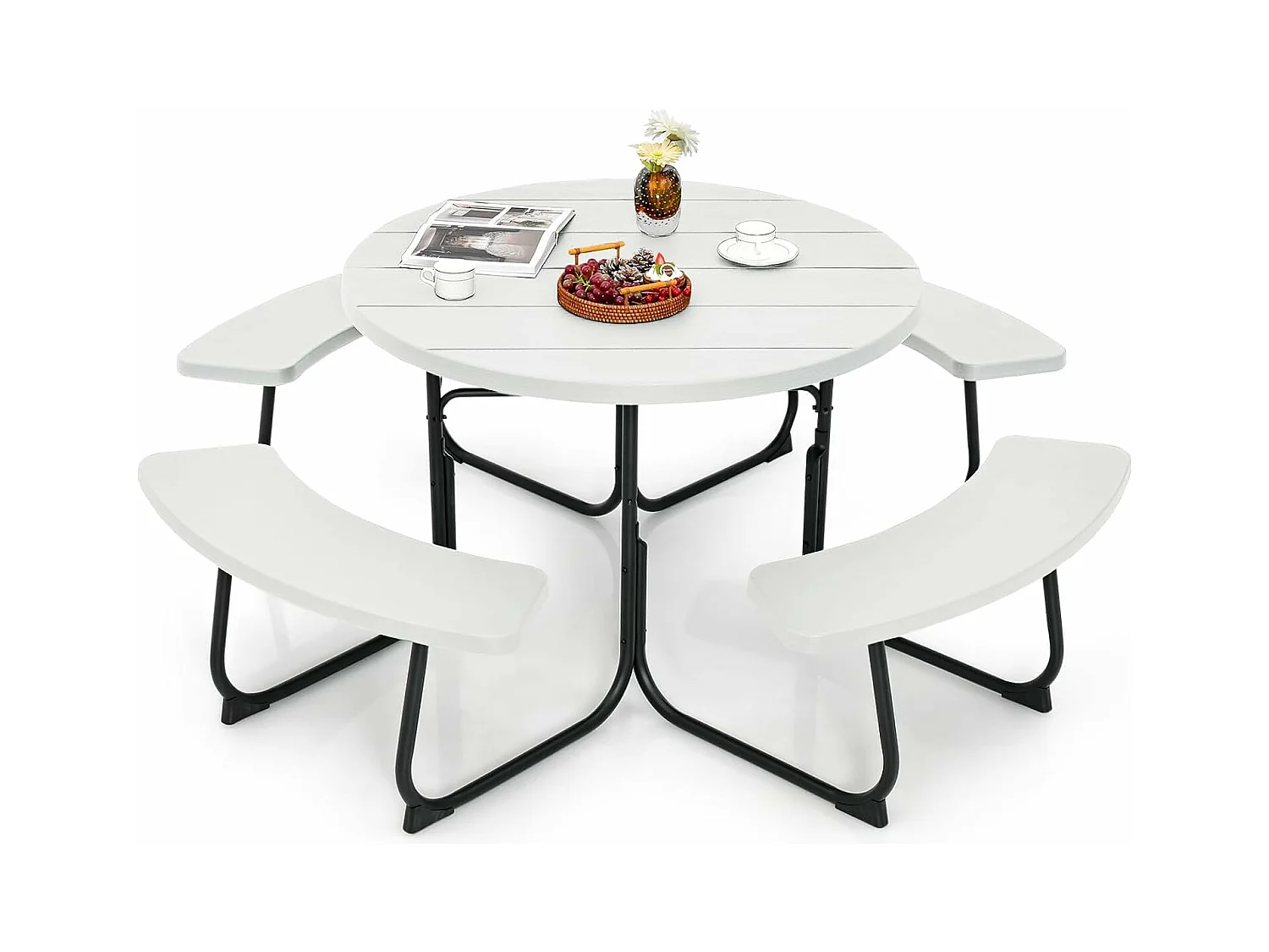 Zitgarnituur voor 8 personen, picknicktafel met parasolgat en 4 banken, ronde tuintafel, tuingarnituur, tuinmeubelen, zitgroep voor tuin, terras (wit) ZB33486