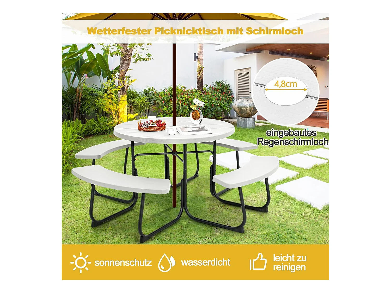 Zitgarnituur voor 8 personen, picknicktafel met parasolgat en 4 banken, ronde tuintafel, tuingarnituur, tuinmeubelen, zitgroep voor tuin, terras (wit) ZB33486