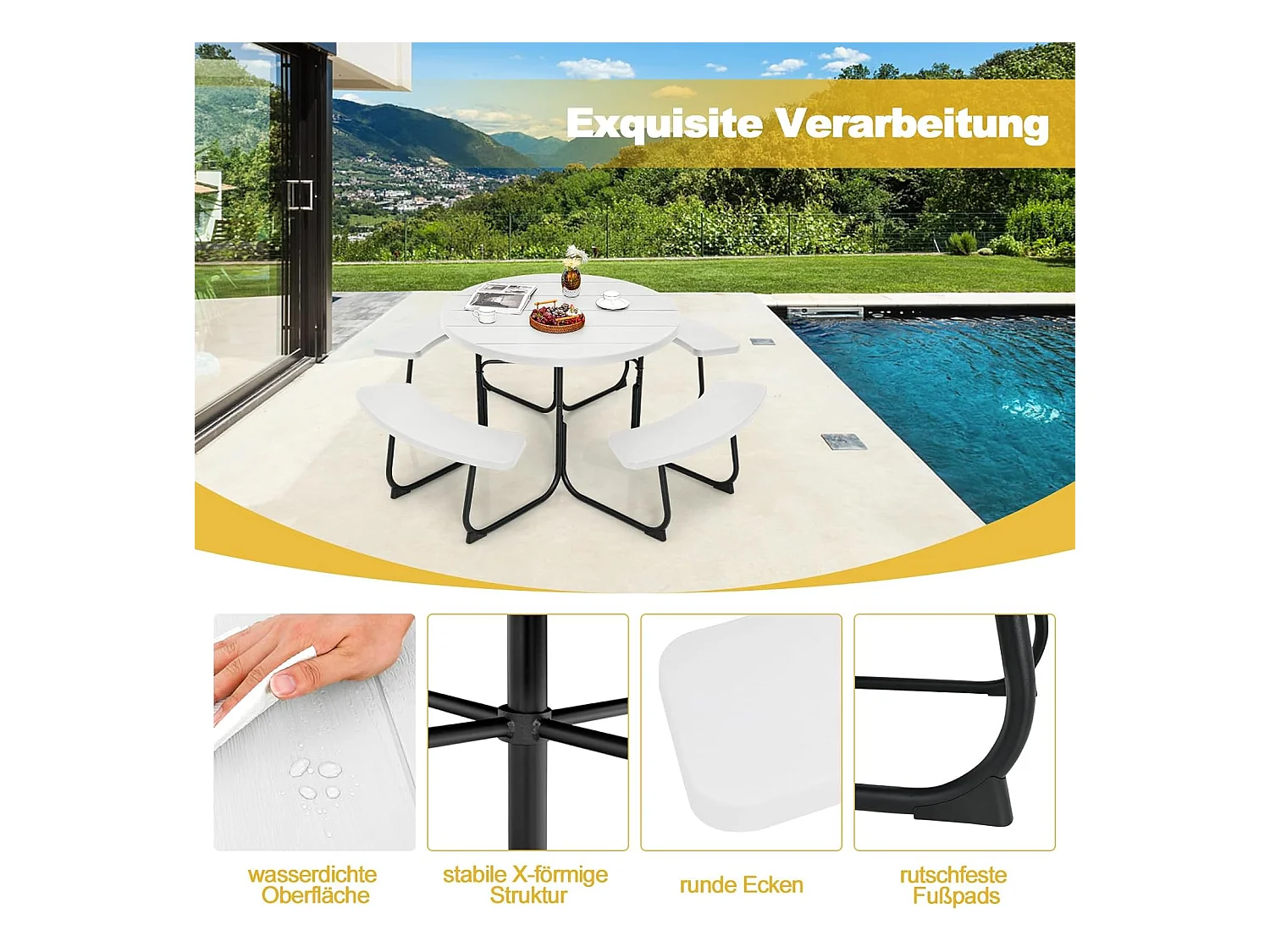 Zitgarnituur voor 8 personen, picknicktafel met parasolgat en 4 banken, ronde tuintafel, tuingarnituur, tuinmeubelen, zitgroep voor tuin, terras (wit) ZB33486