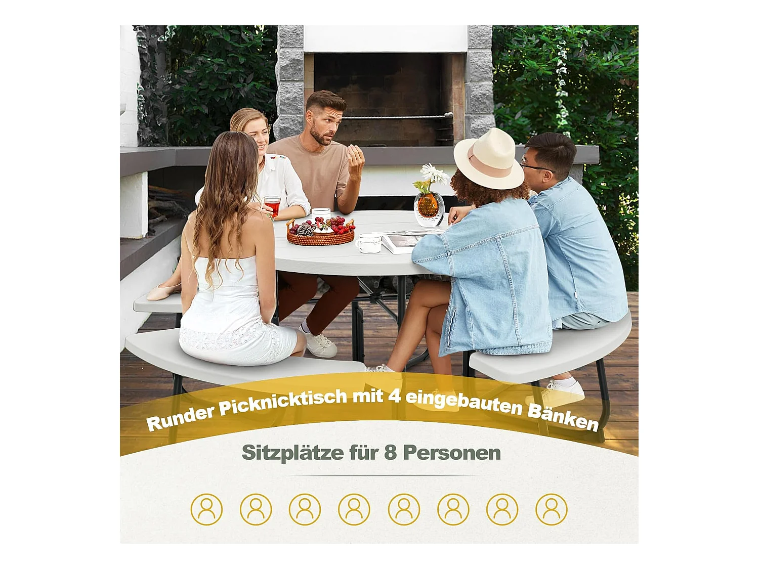 Zitgarnituur voor 8 personen, picknicktafel met parasolgat en 4 banken, ronde tuintafel, tuingarnituur, tuinmeubelen, zitgroep voor tuin, terras (wit) ZB33486