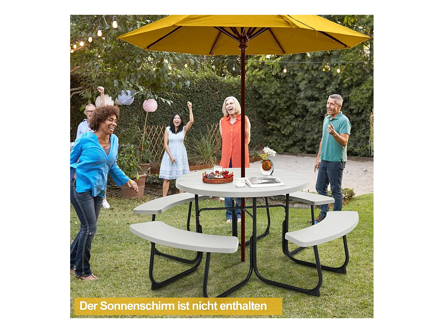 Zitgarnituur voor 8 personen, picknicktafel met parasolgat en 4 banken, ronde tuintafel, tuingarnituur, tuinmeubelen, zitgroep voor tuin, terras (wit) ZB33486