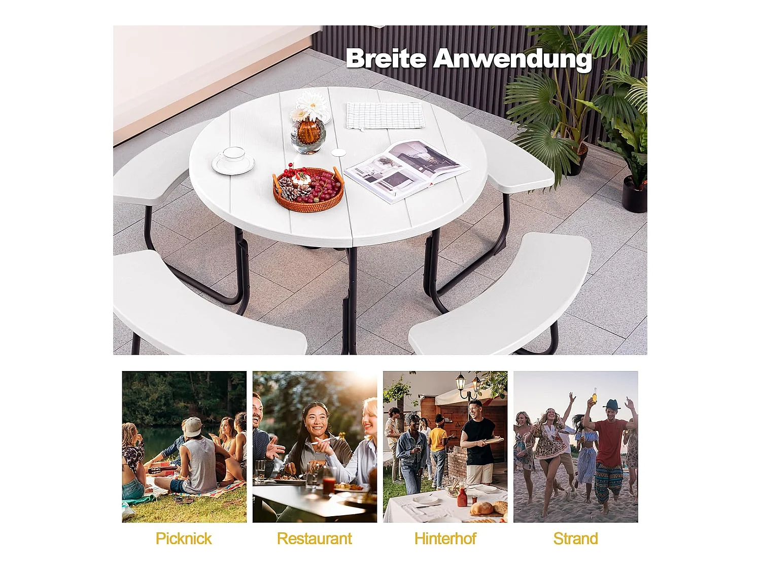 Zitgarnituur voor 8 personen, picknicktafel met parasolgat en 4 banken, ronde tuintafel, tuingarnituur, tuinmeubelen, zitgroep voor tuin, terras (wit) ZB33486