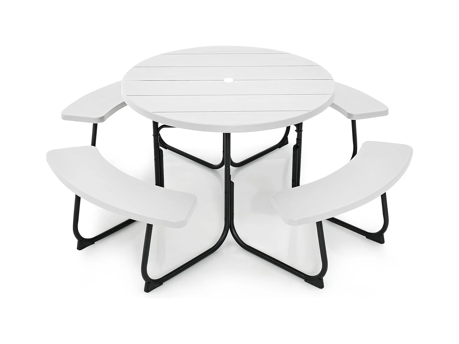 Zitgarnituur voor 8 personen, picknicktafel met parasolgat en 4 banken, ronde tuintafel, tuingarnituur, tuinmeubelen, zitgroep voor tuin, terras (wit) ZB33486