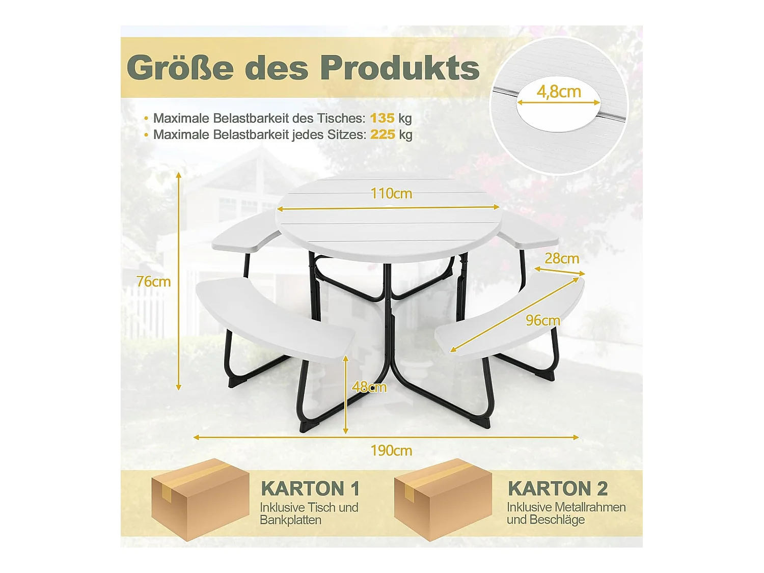 Zitgarnituur voor 8 personen, picknicktafel met parasolgat en 4 banken, ronde tuintafel, tuingarnituur, tuinmeubelen, zitgroep voor tuin, terras (wit) ZB33486