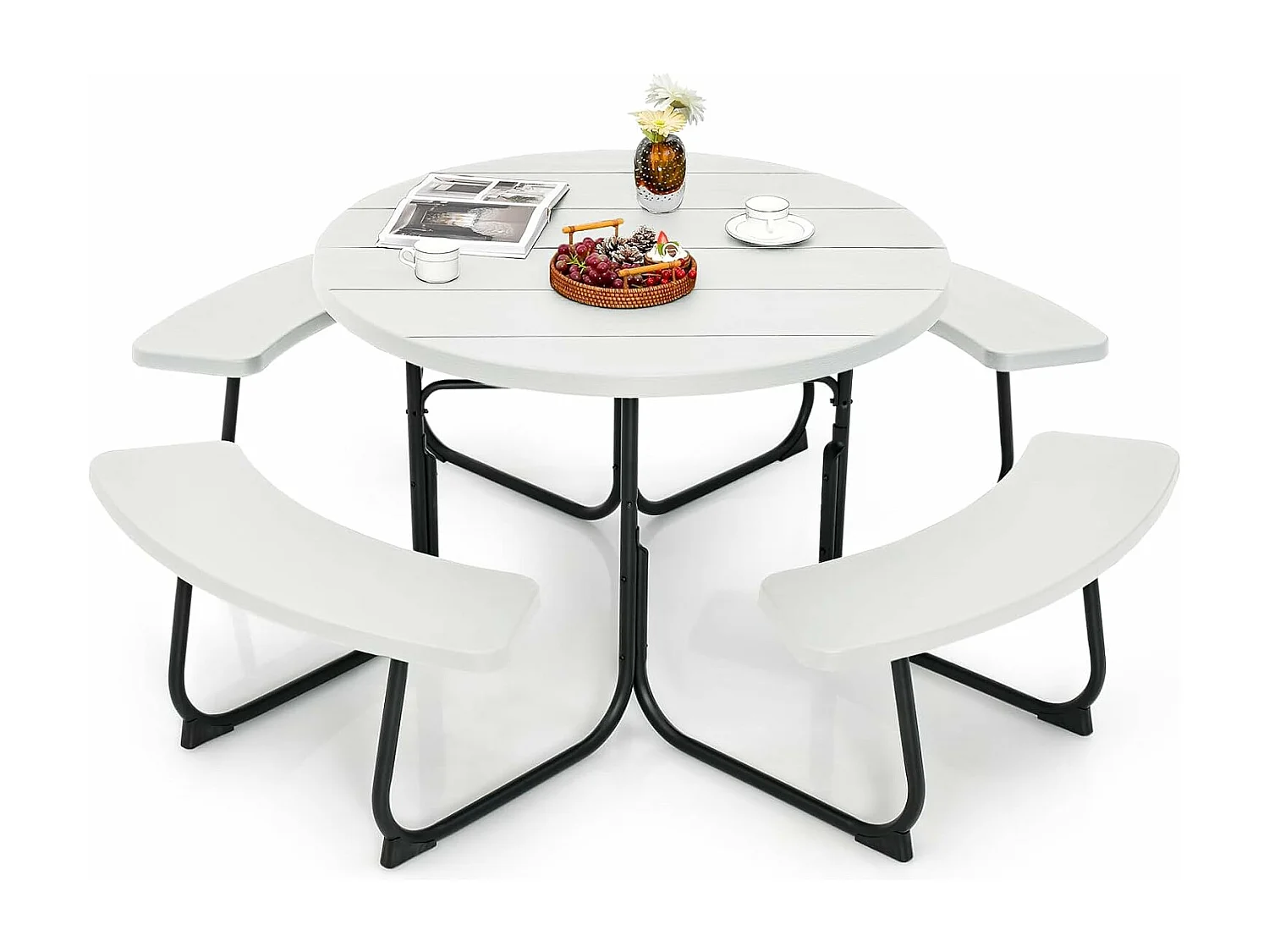 Zitgarnituur voor 8 personen, picknicktafel met parasolgat en 4 banken, ronde tuintafel, tuingarnituur, tuinmeubelen, zitgroep voor tuin, terras (wit) ZB33486