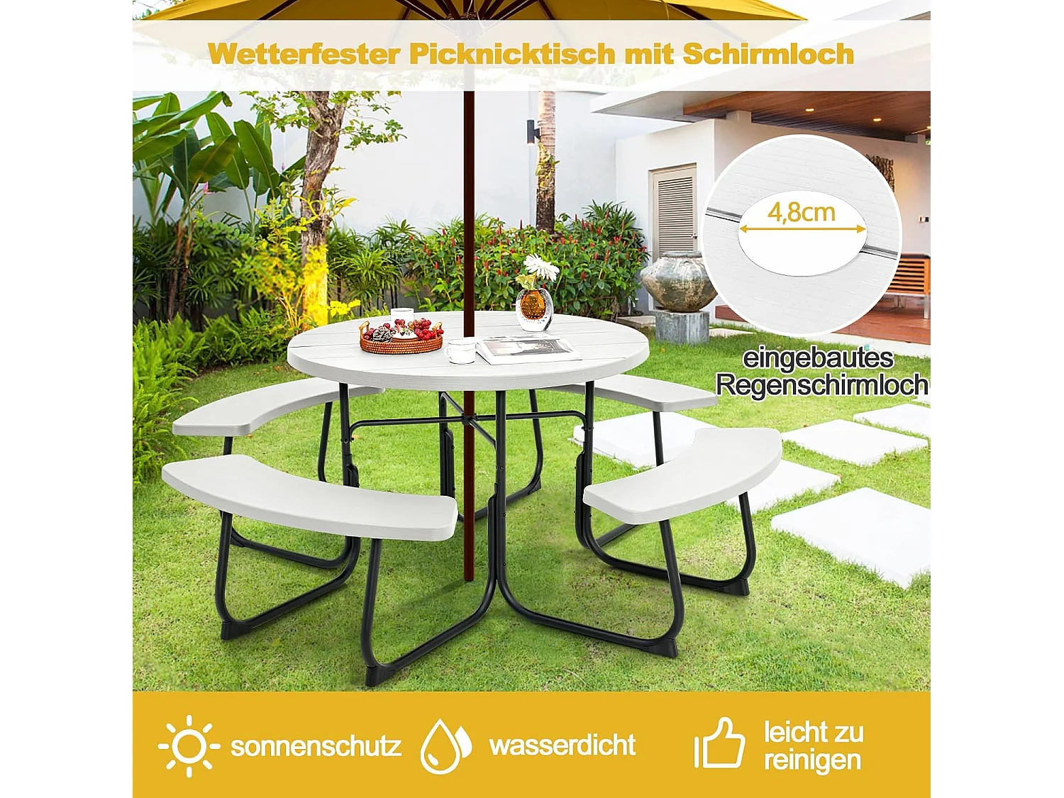 Zitgarnituur voor 8 personen, picknicktafel met parasolgat en 4 banken, ronde tuintafel, tuingarnituur, tuinmeubelen, zitgroep voor tuin, terras (wit) ZB33486