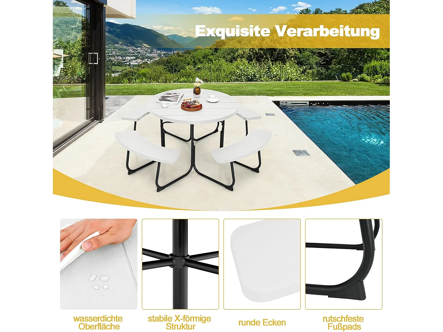 Zitgarnituur voor 8 personen, picknicktafel met parasolgat en 4 banken, ronde tuintafel, tuingarnituur, tuinmeubelen, zitgroep voor tuin, terras (wit) ZB33486