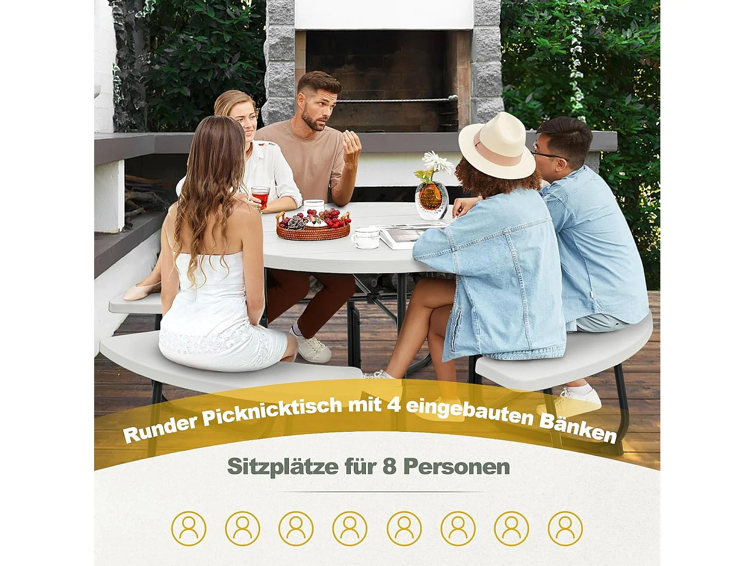 Zitgarnituur voor 8 personen, picknicktafel met parasolgat en 4 banken, ronde tuintafel, tuingarnituur, tuinmeubelen, zitgroep voor tuin, terras (wit) ZB33486