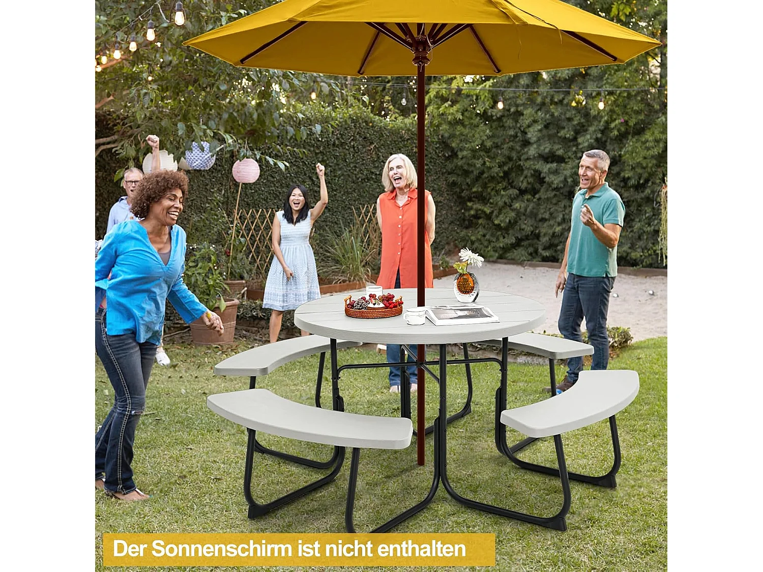 Zitgarnituur voor 8 personen, picknicktafel met parasolgat en 4 banken, ronde tuintafel, tuingarnituur, tuinmeubelen, zitgroep voor tuin, terras (wit) ZB33486