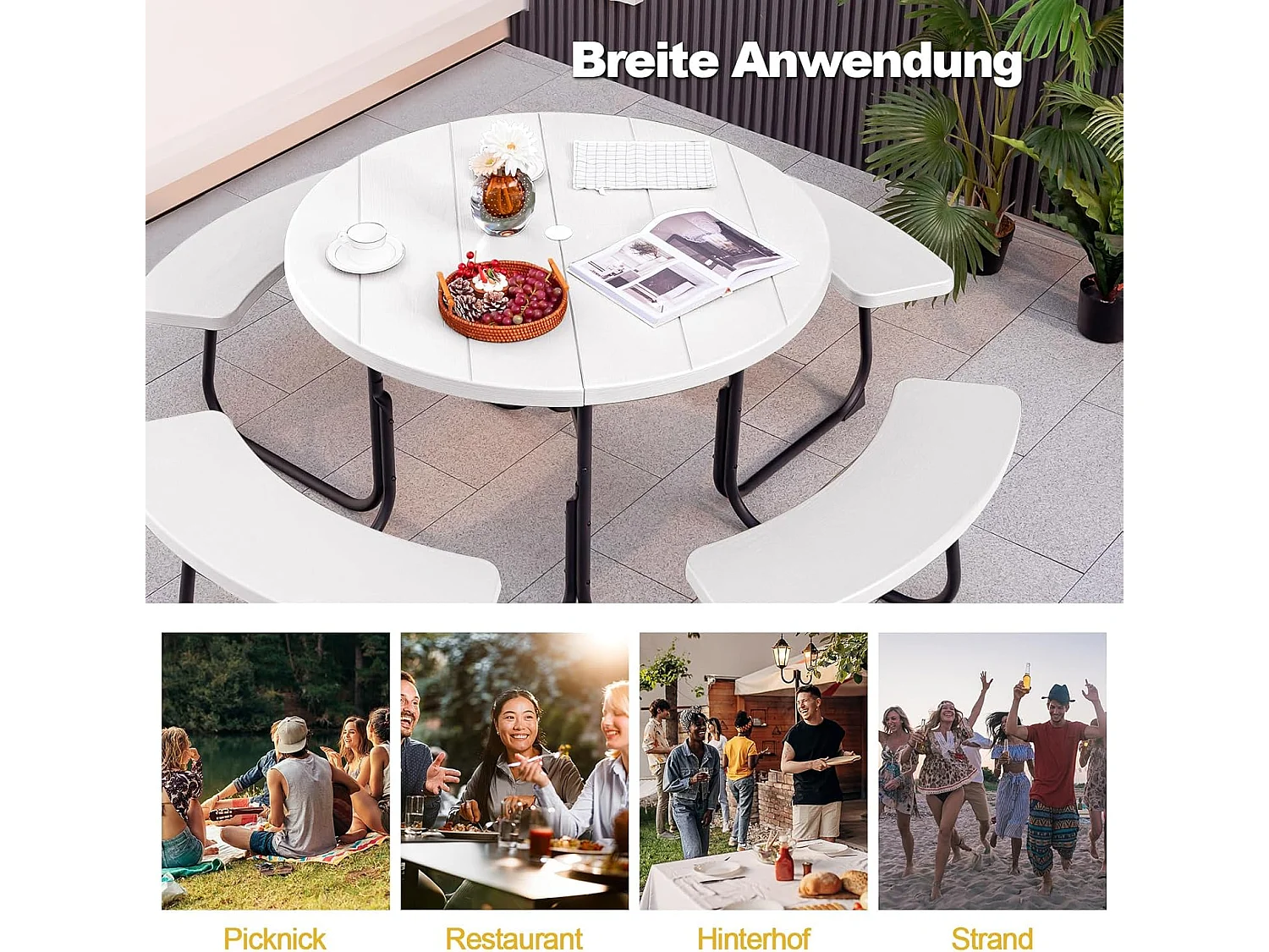 Zitgarnituur voor 8 personen, picknicktafel met parasolgat en 4 banken, ronde tuintafel, tuingarnituur, tuinmeubelen, zitgroep voor tuin, terras (wit) ZB33486