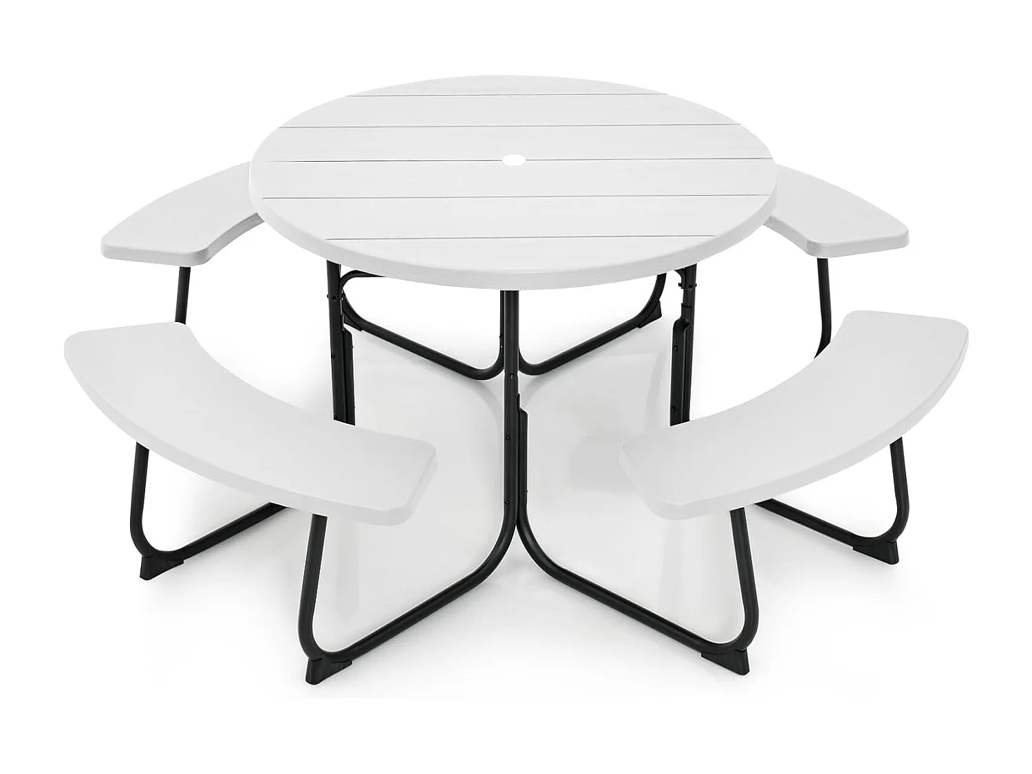 Zitgarnituur voor 8 personen, picknicktafel met parasolgat en 4 banken, ronde tuintafel, tuingarnituur, tuinmeubelen, zitgroep voor tuin, terras (wit) ZB33486